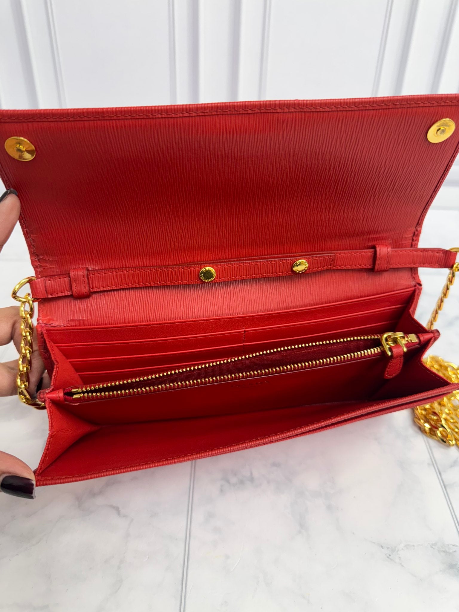 Prada Red Saffiano Leather Wallet On A Chain