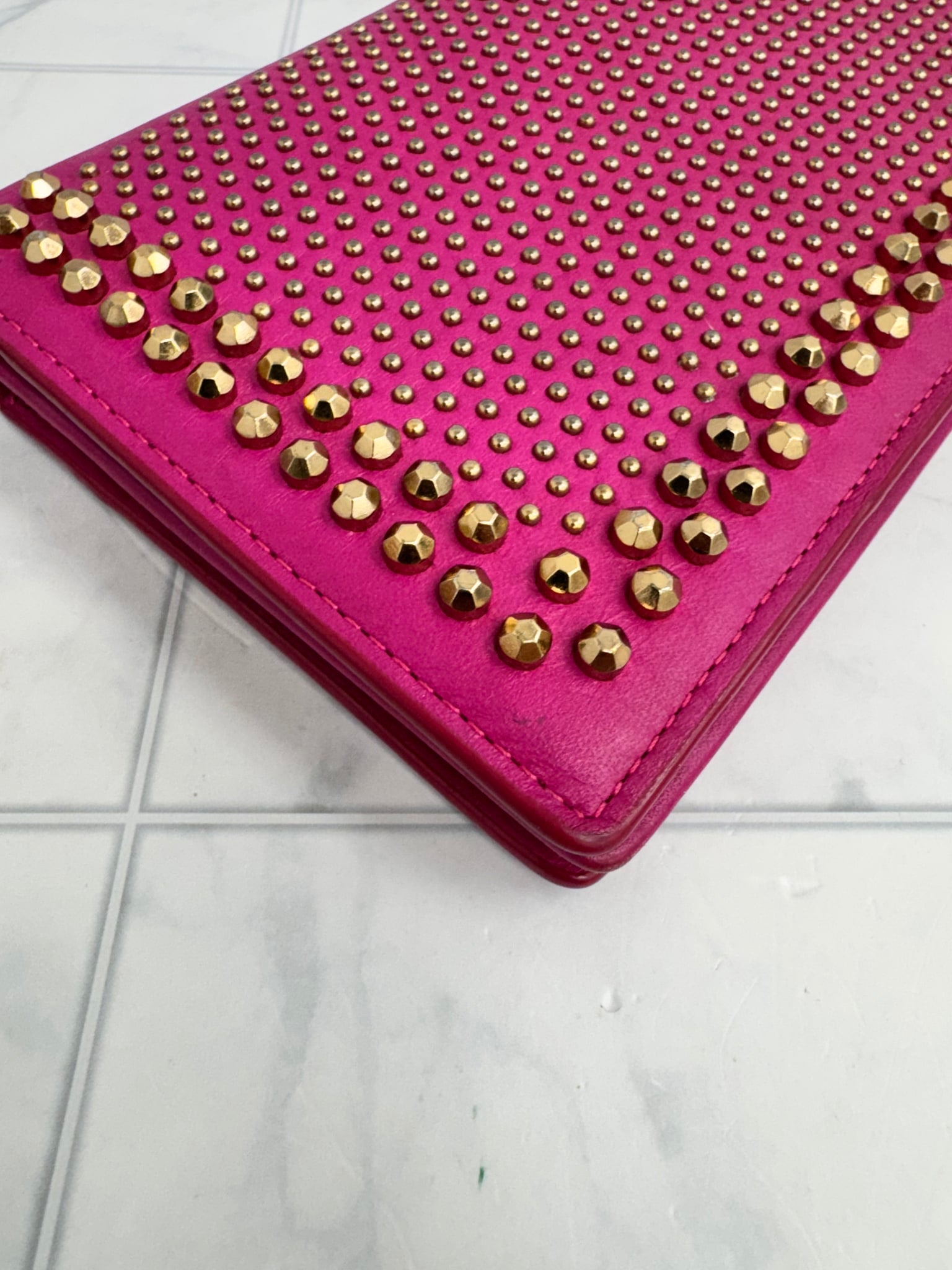 MCM Pink Studded Leather Wallet On A Chain