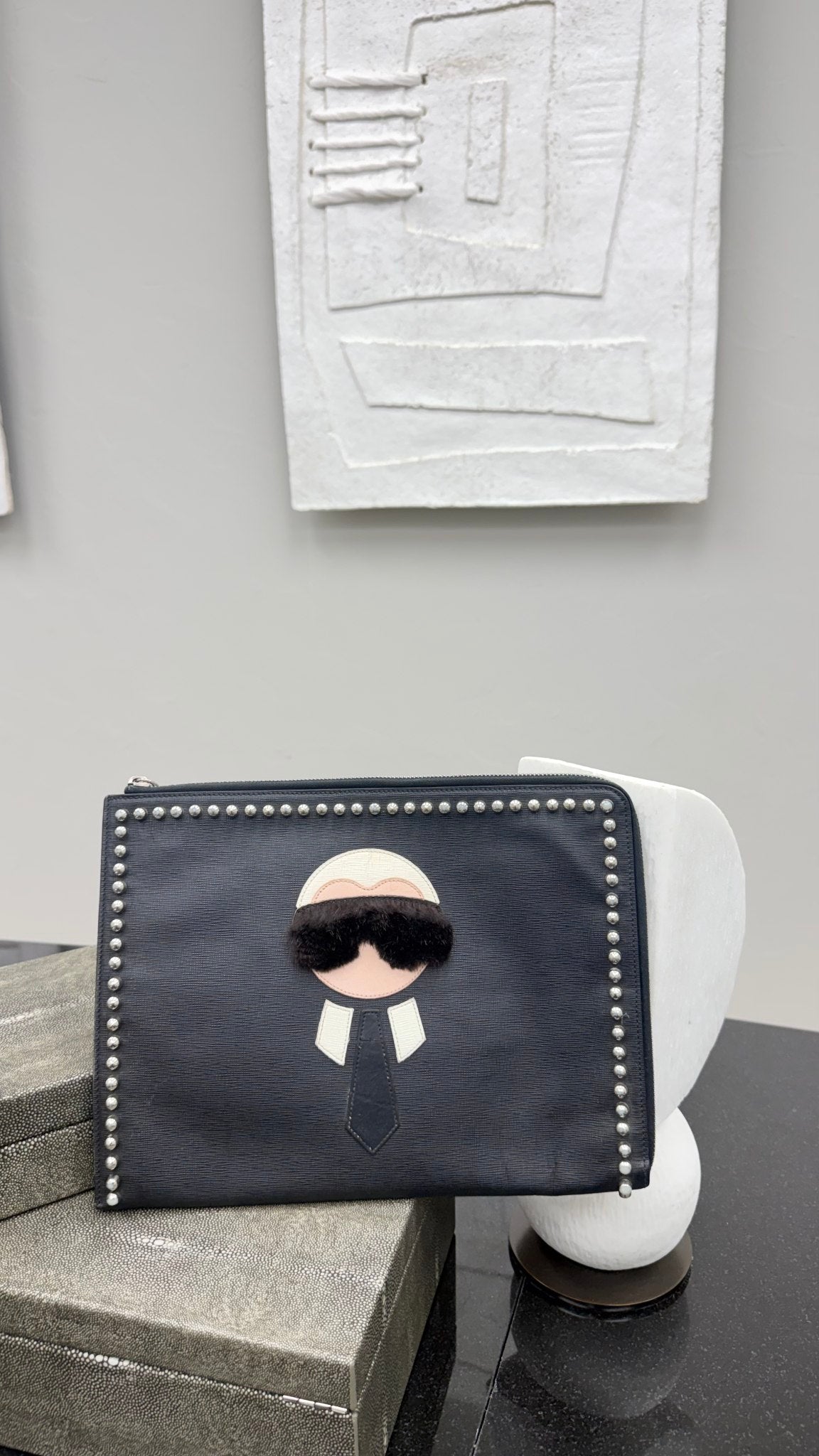 Fendi Black Saffiano Leather Karlito Clutch