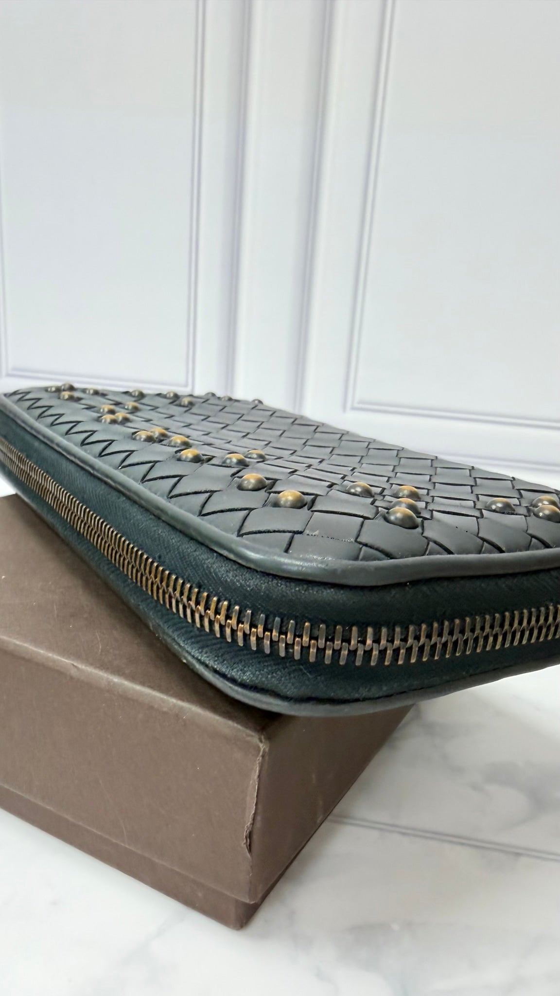 Bottega Veneta Black Intrecciato Leather Studded Zippy Wallet