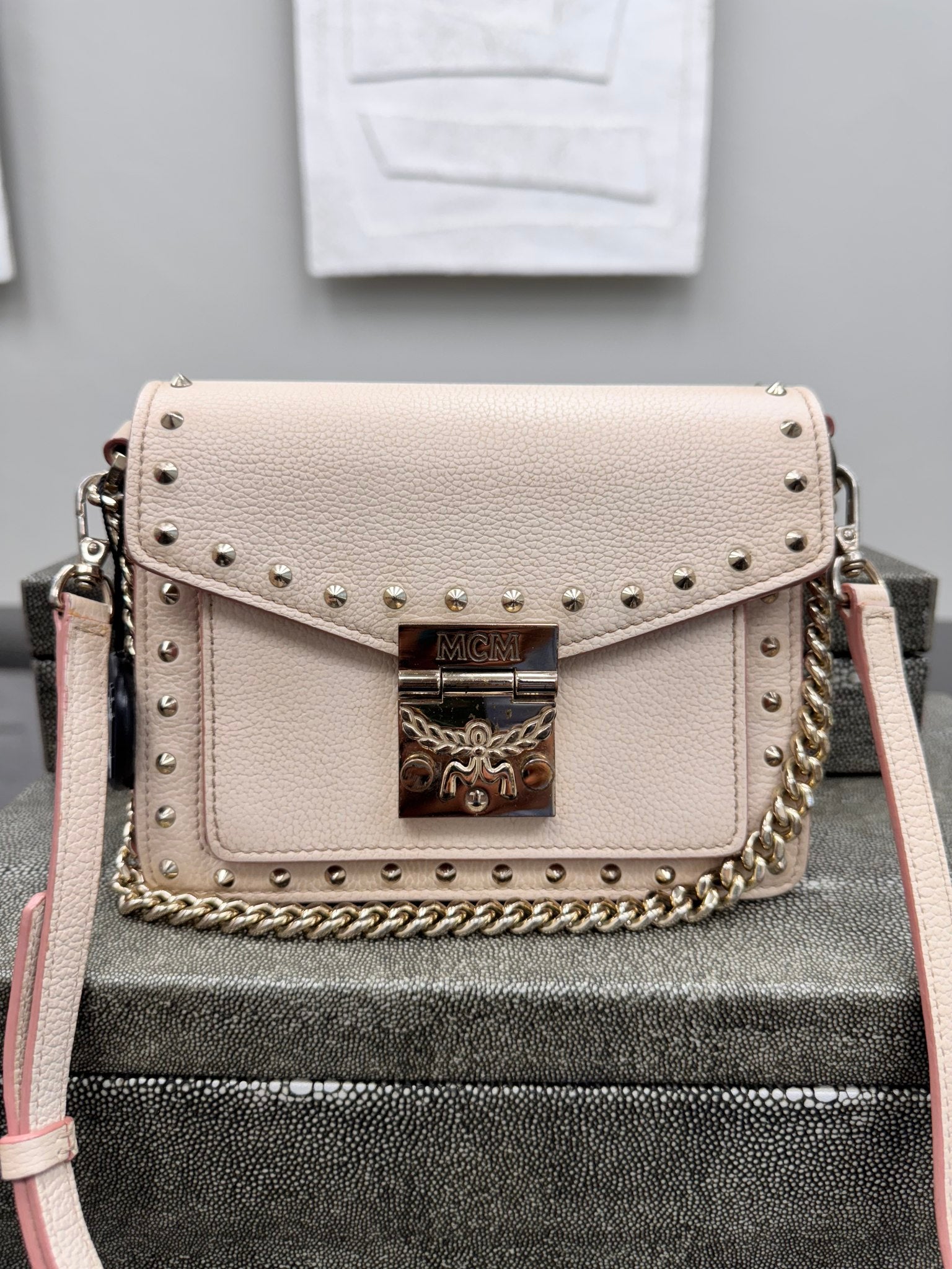 MCM Beige Studded Pebbled Leather Crossbody Bag