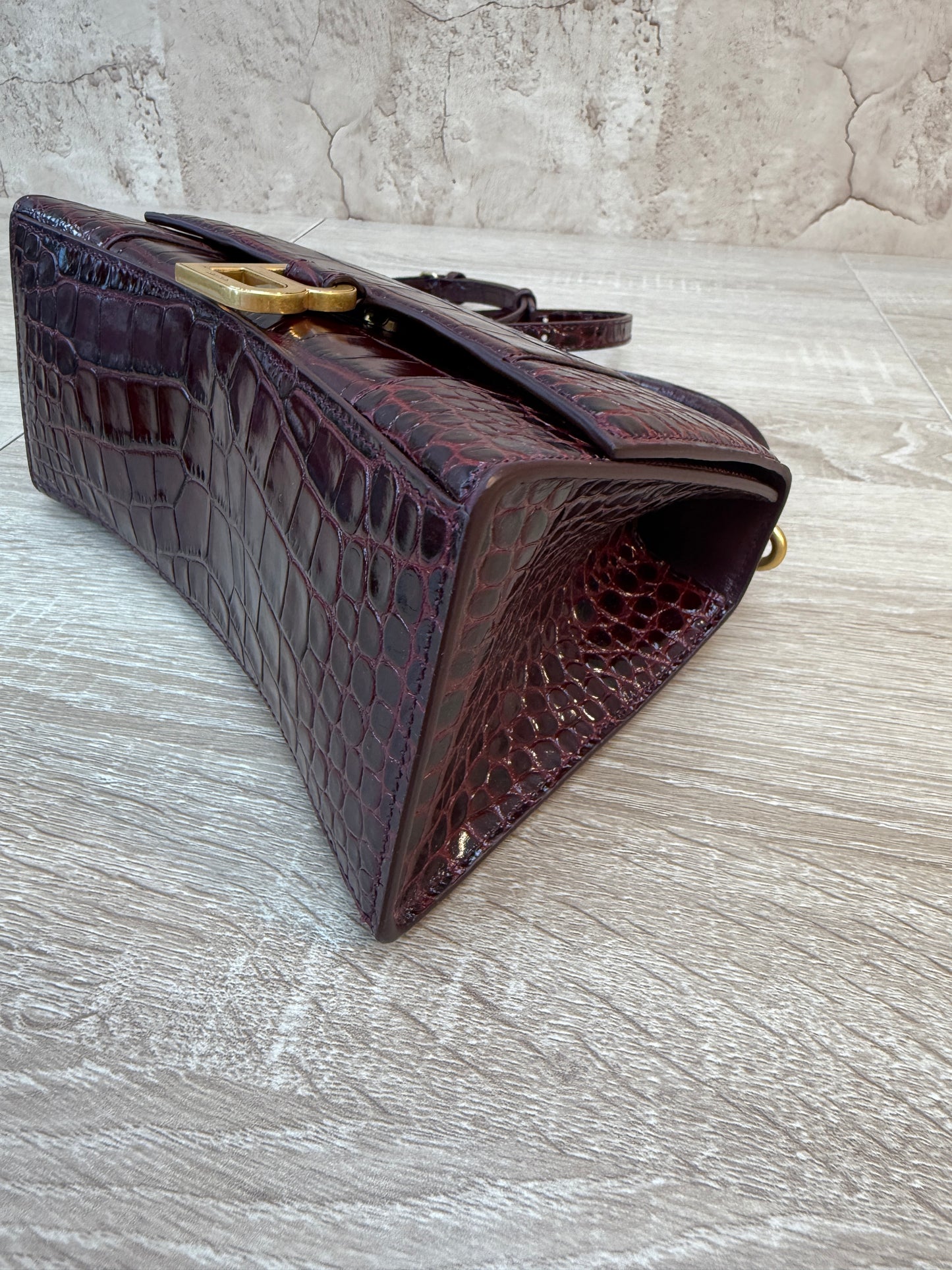 Balenciaga Burgundy Croc Embossed Small Hourglass Top Handle Bag