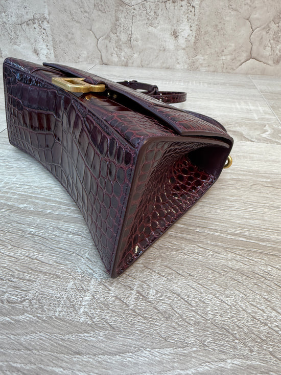 Balenciaga Burgundy Croc Embossed Small Hourglass Top Handle Bag