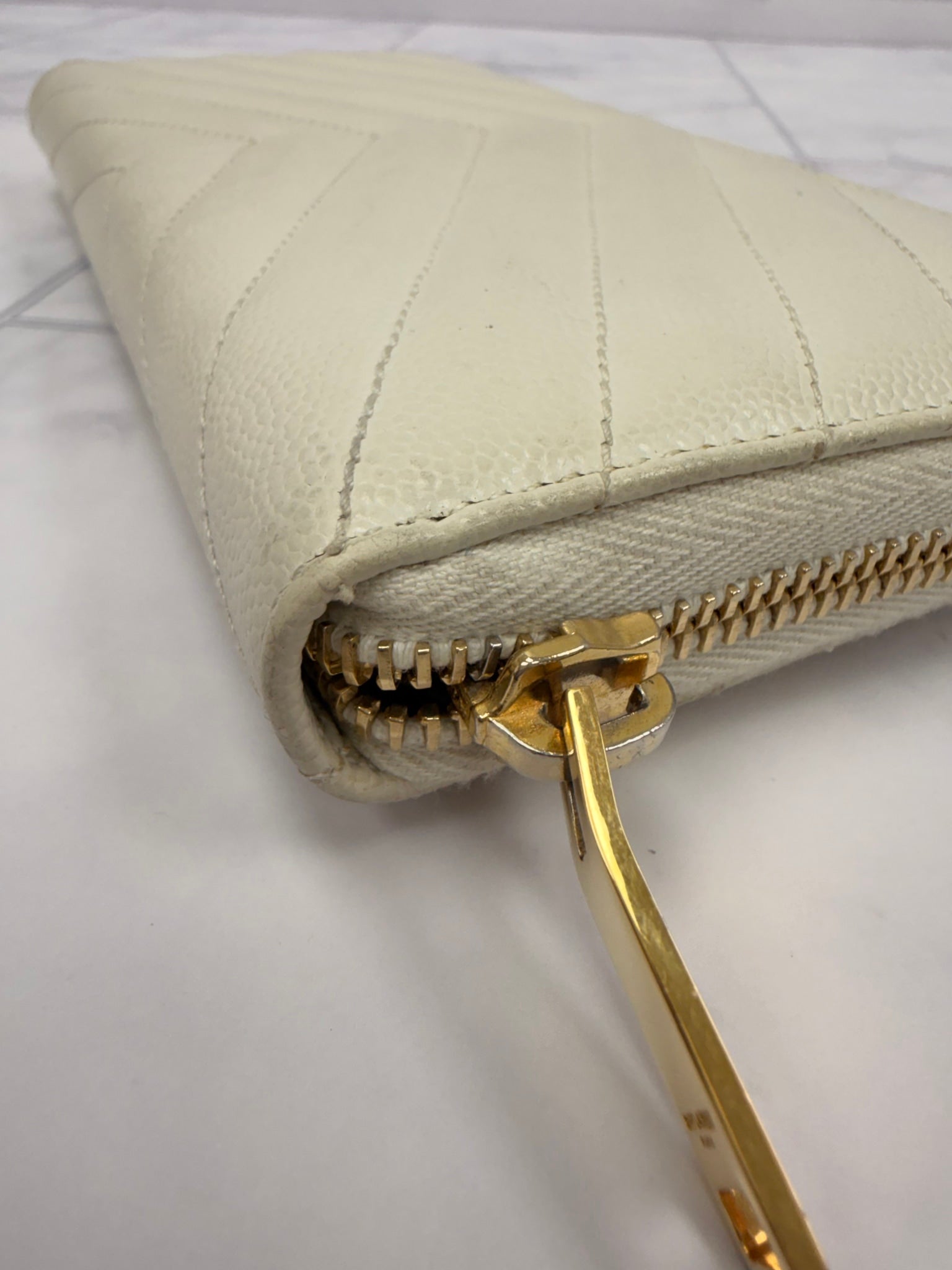 Saint Laurent YSL Cream Chevron Leather Continental Wallet 