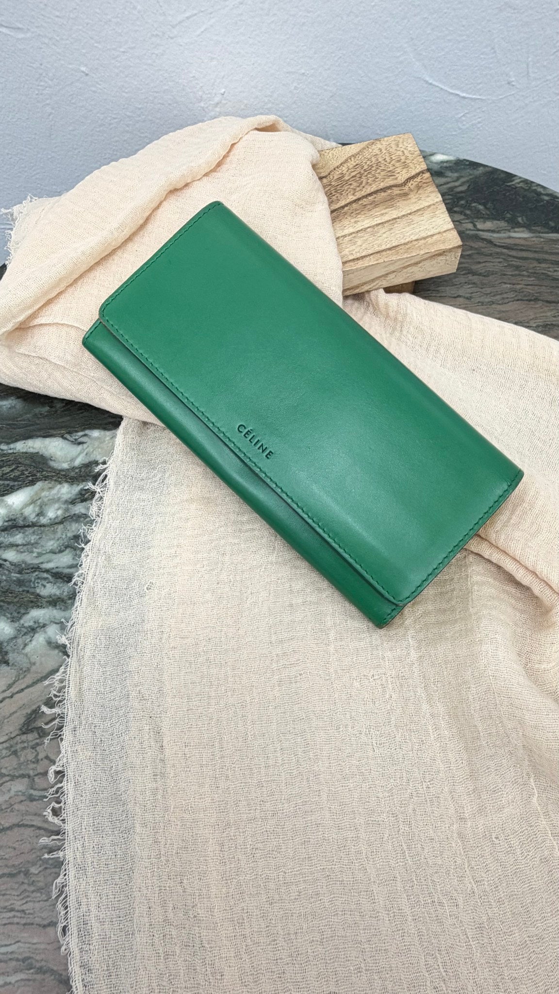 Celine Green Leather Long Flap Wallet