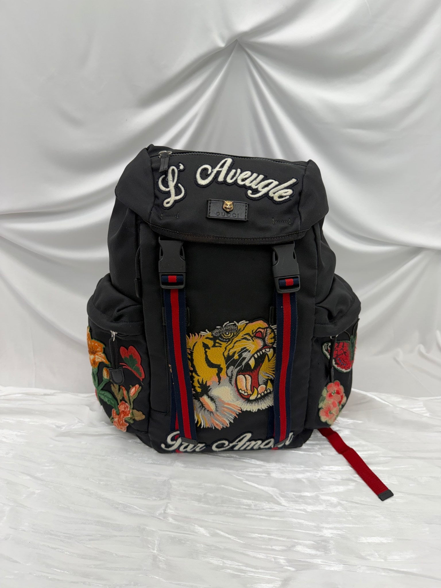 Gucci Black Nylon Embroidered Tiger Backpack