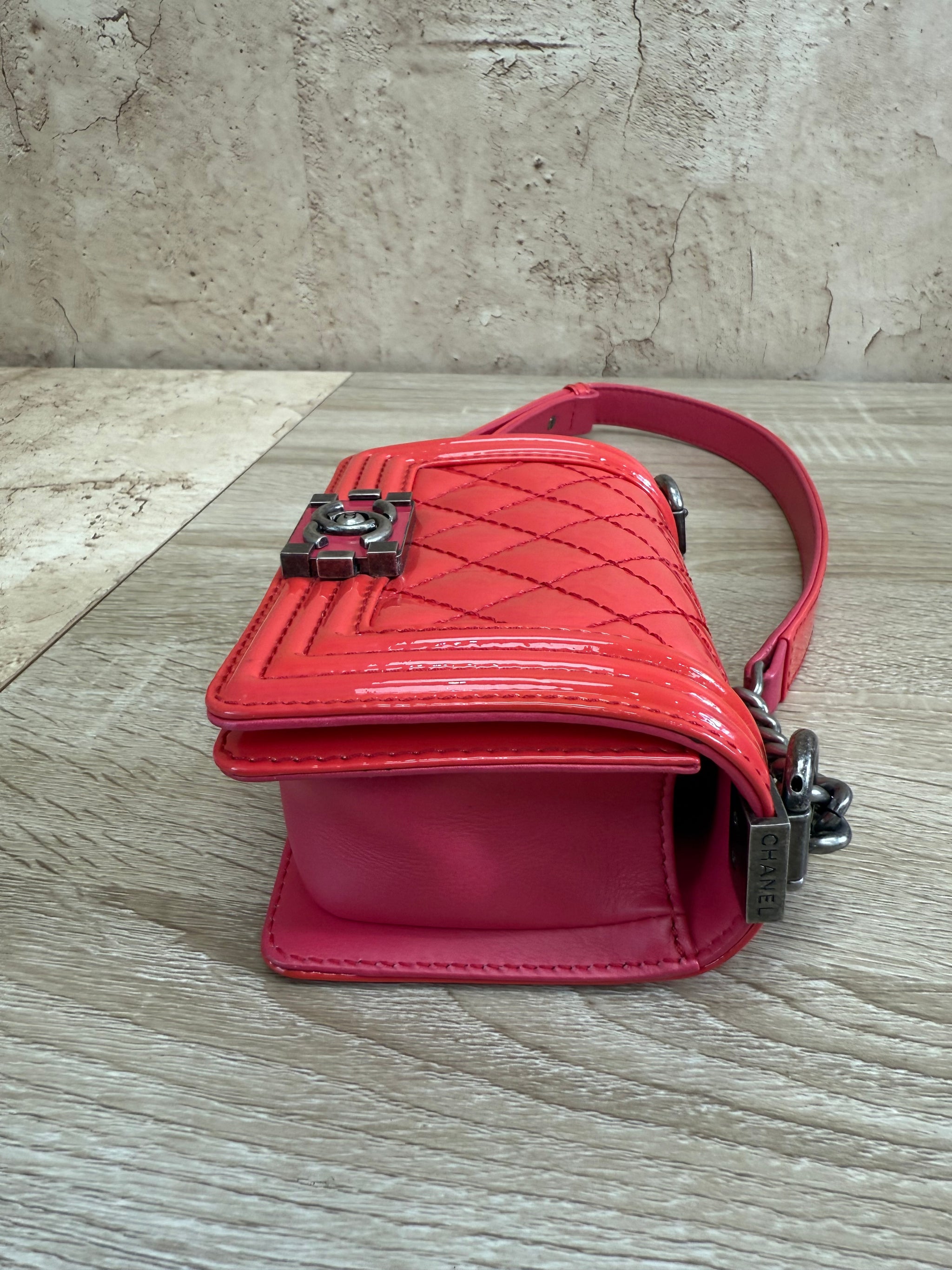 Chanel Pink Quilted Patent Leather Mini Boy Bag