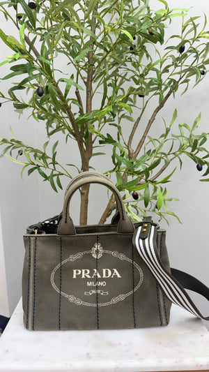 Prada Green Canvas Canapa Small Tote Bag