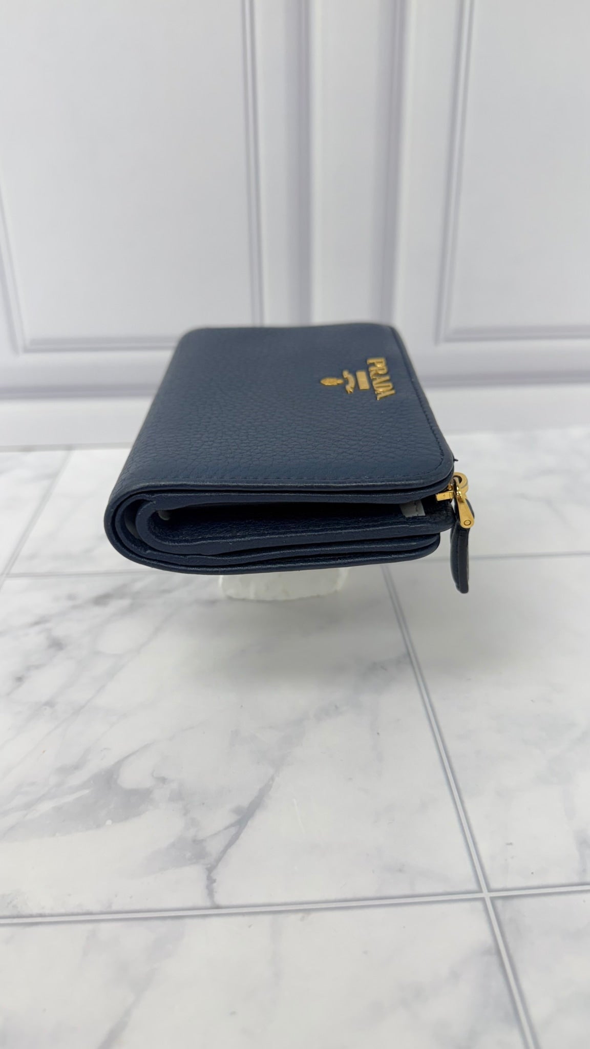 Prada Navy Blue Pebbled Leather Compact Wallet 