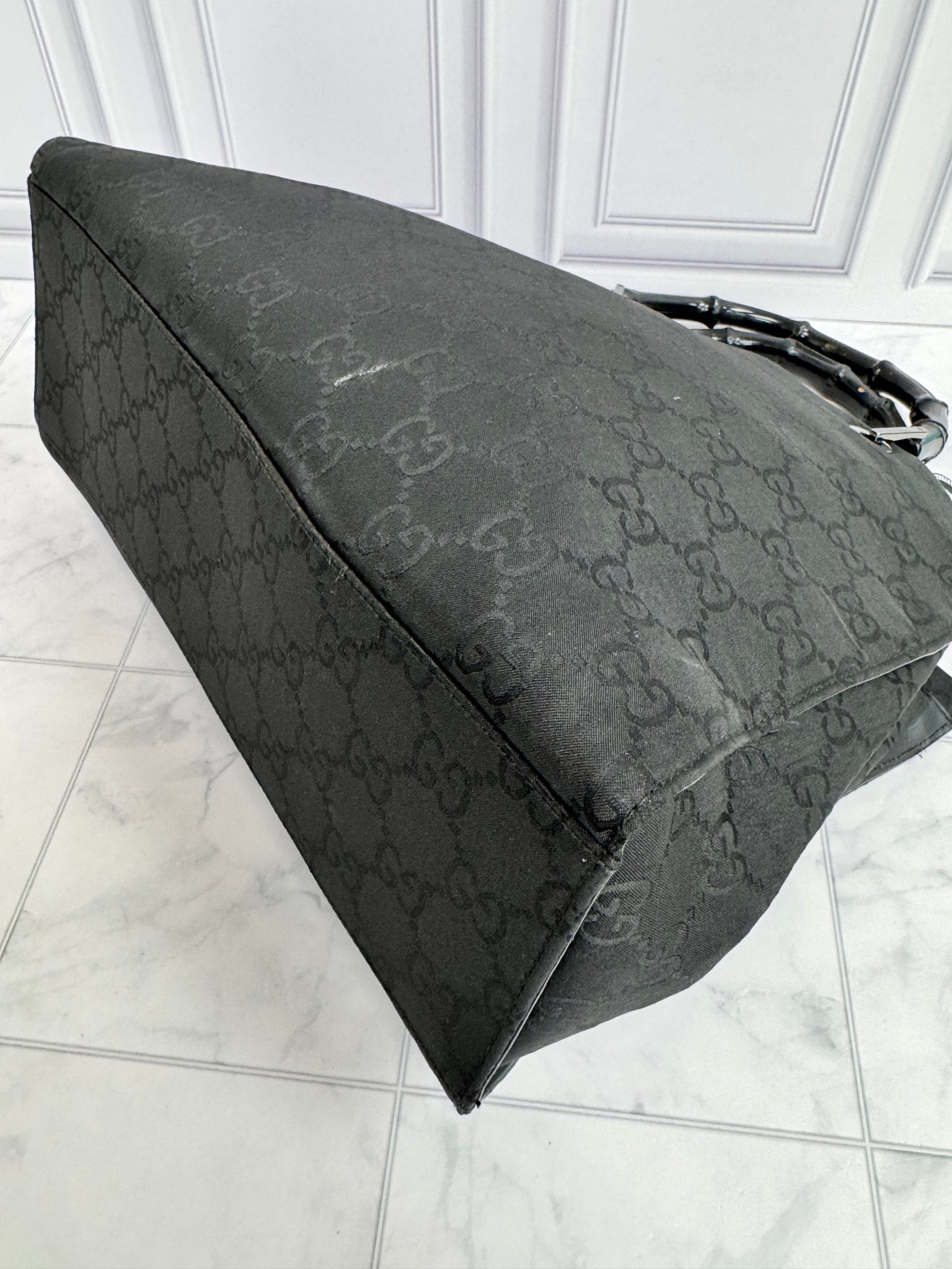 Gucci Black GG Supreme Nylon Medium Bamboo Tote Bag