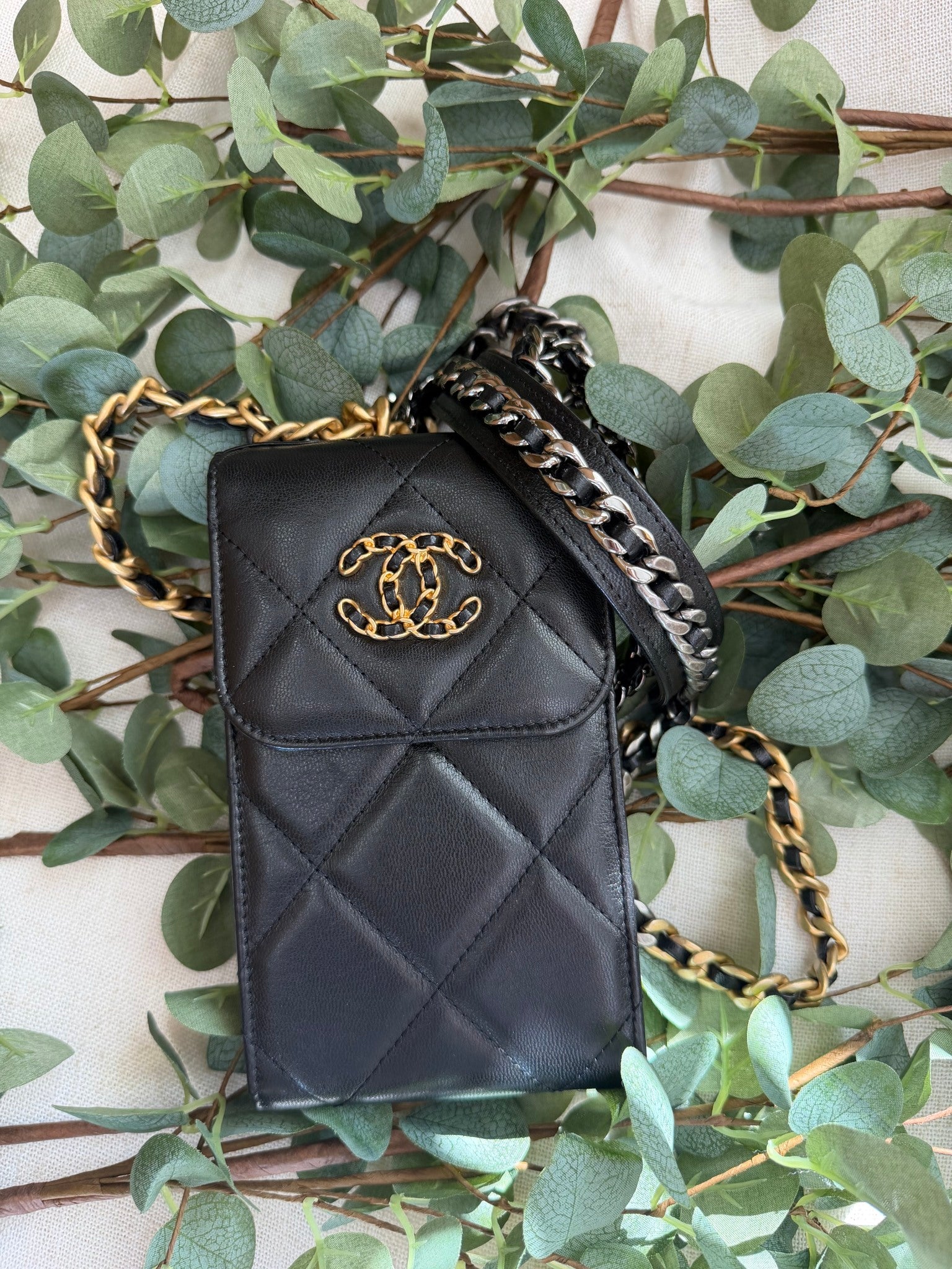 Chanel Black Lambskin Quilted Leather Phone Holder 