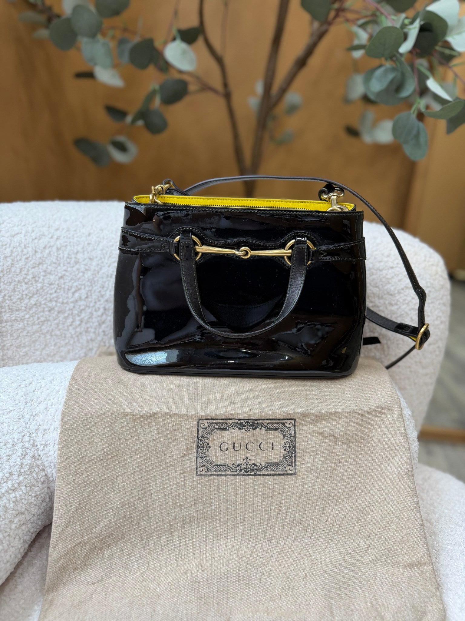 Gucci Black Patent Leather Horsebit Two Way Bag