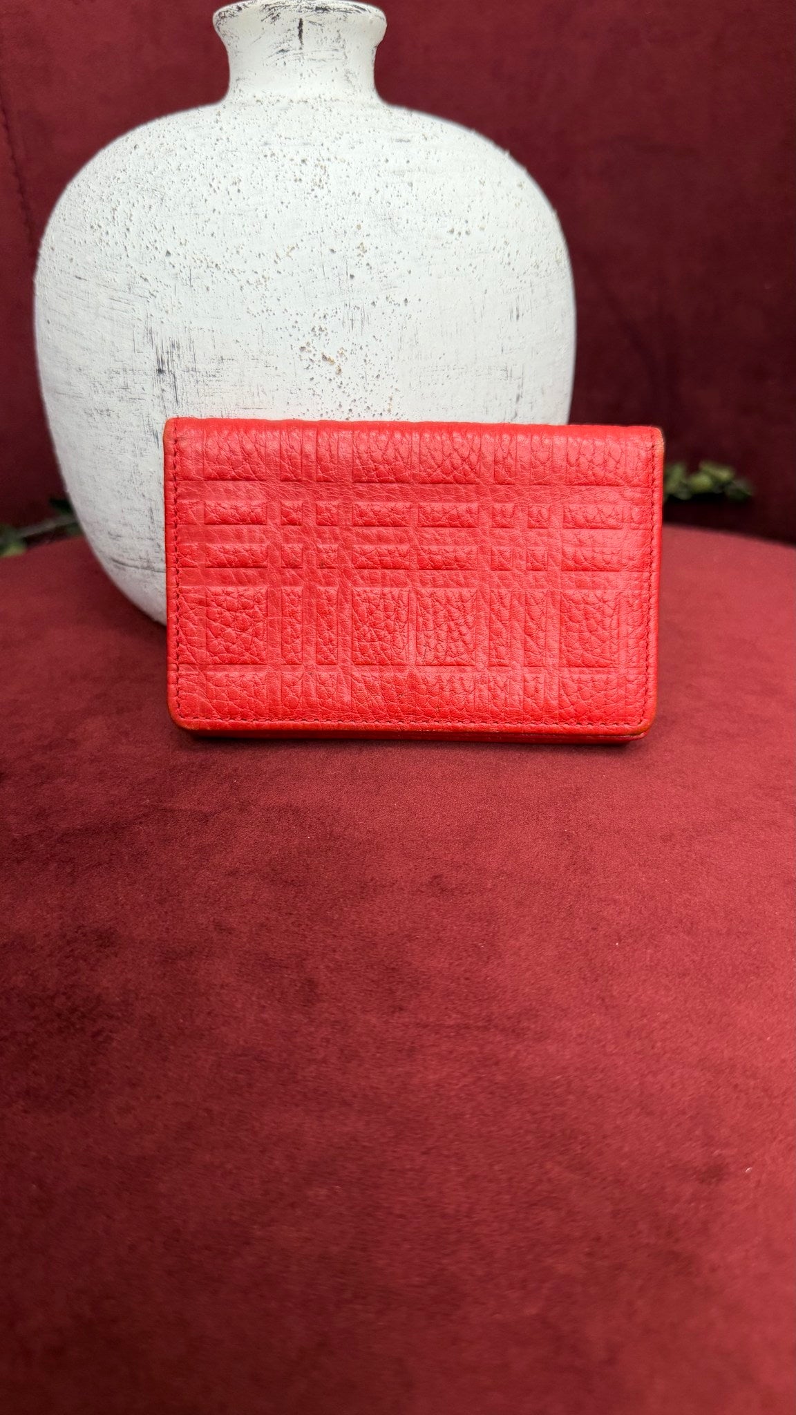 Burberry Red Embossed Check Leather Card Case