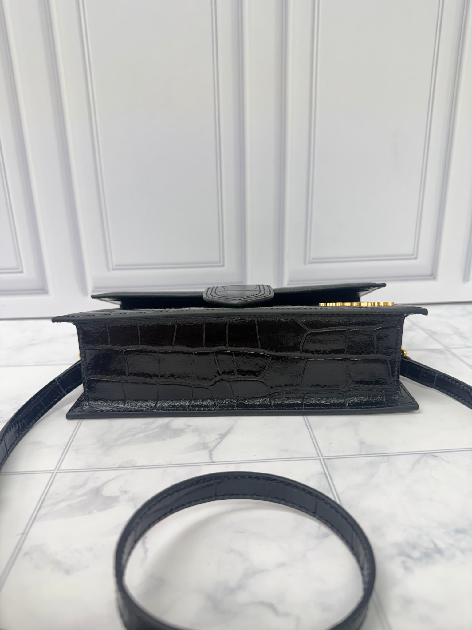 BRAND NEW - Jacquemus Black Croc Embossed Leather Le Grand Bambino 2Way Handbag