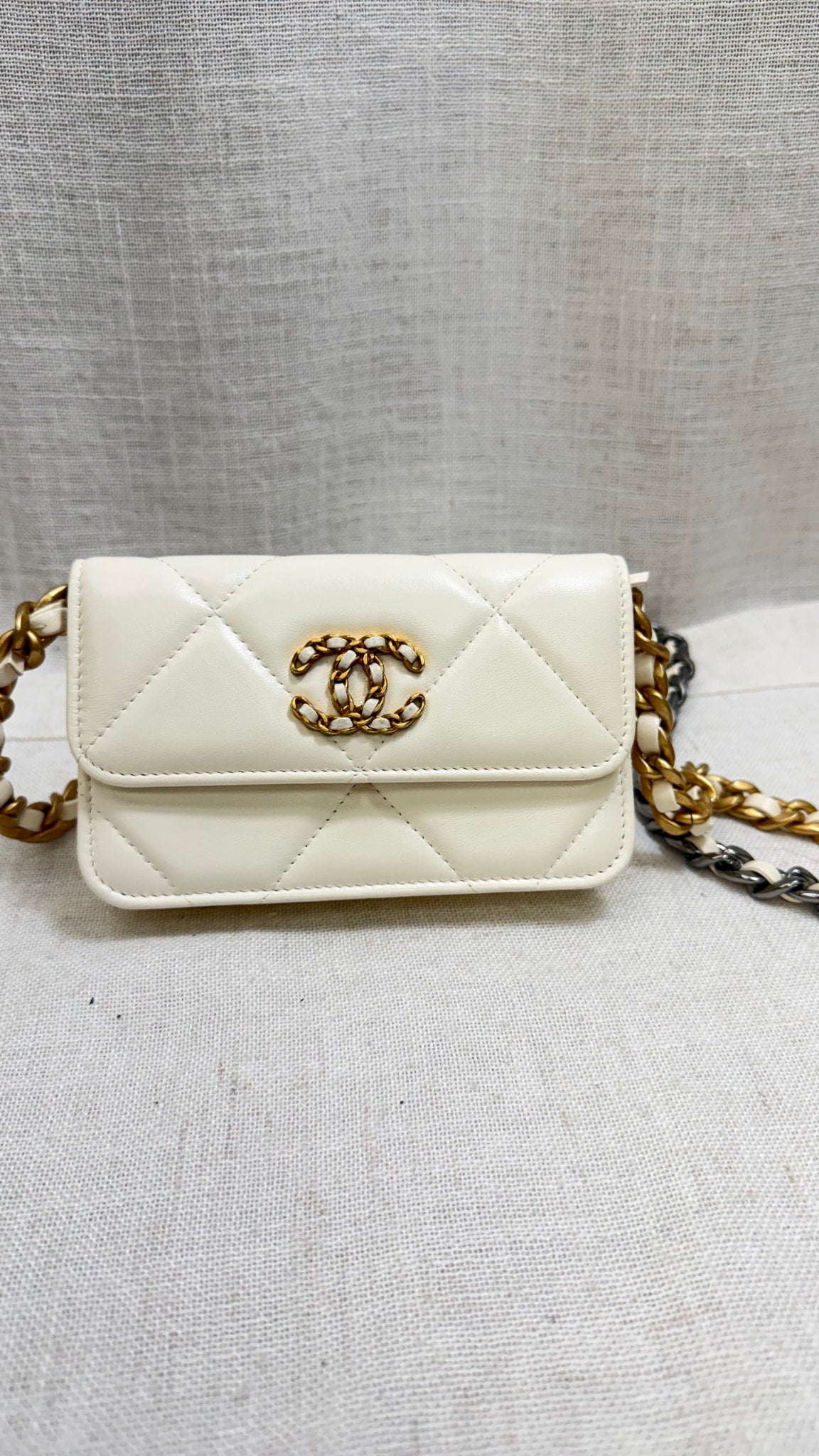 Chanel Cream Lambskin Leather Chanel 19 Clutch With Chain 