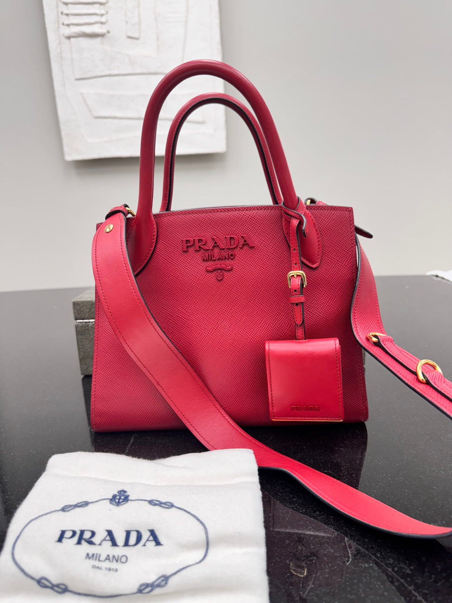 Prada Red Monochrome Saffiano Leather 2Way Bag