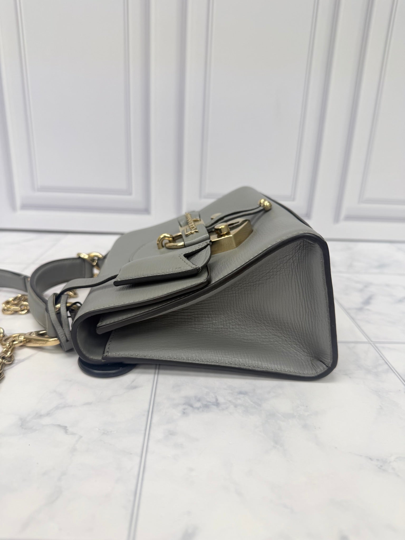 Salvatore Ferragamo Grey Leather Letty Top Handle Crossbody Bag