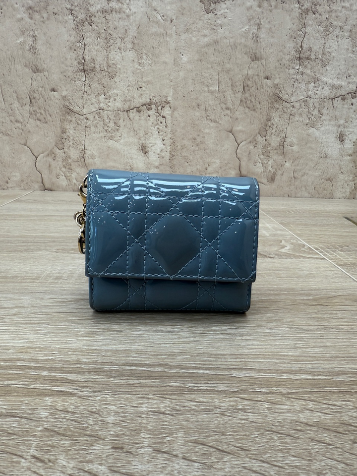 Christian Dior Blue Cannage Patent Leather Compact Wallet