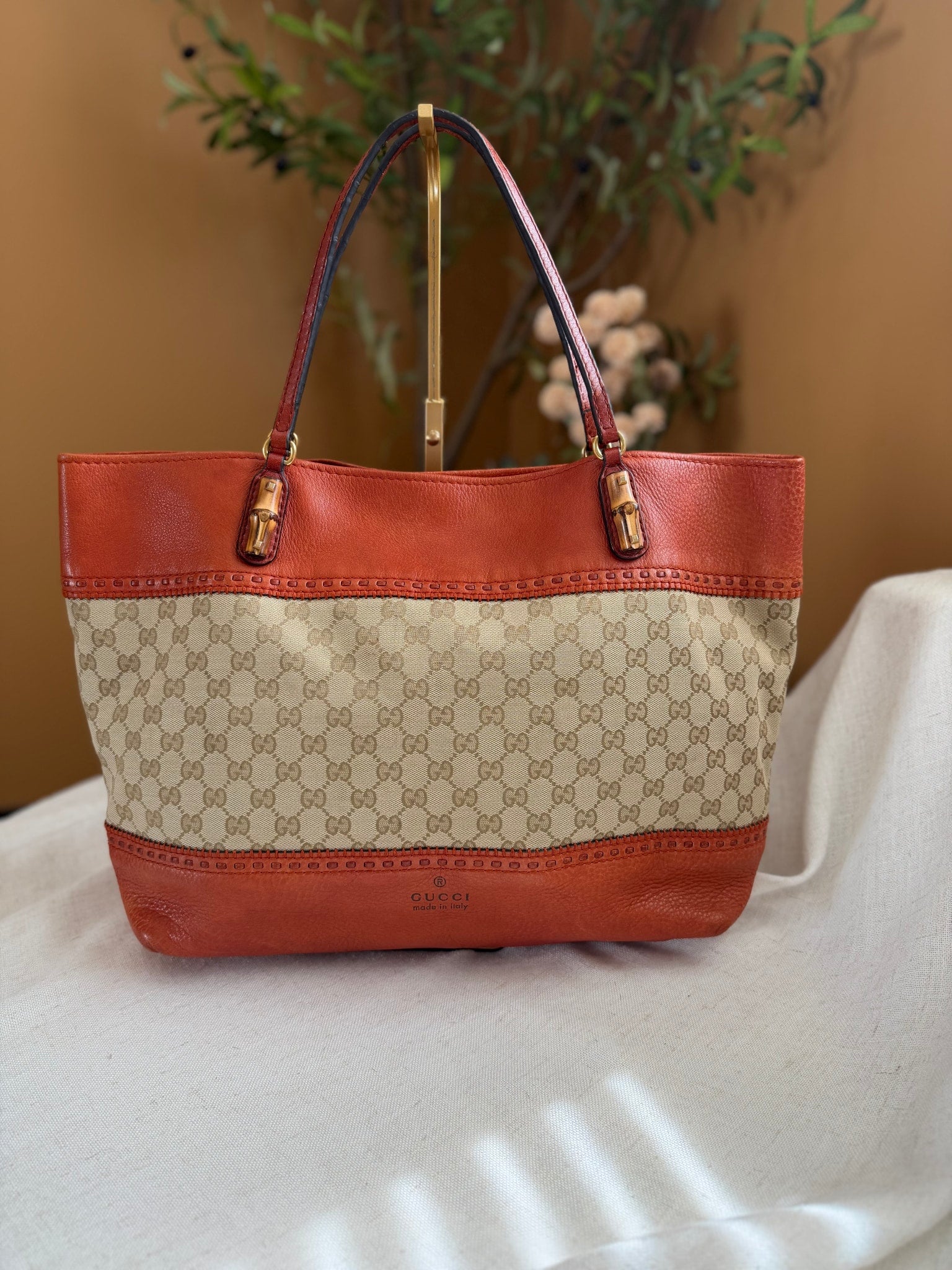 Gucci Orange Leather And GG Print Crafty Tote Bag