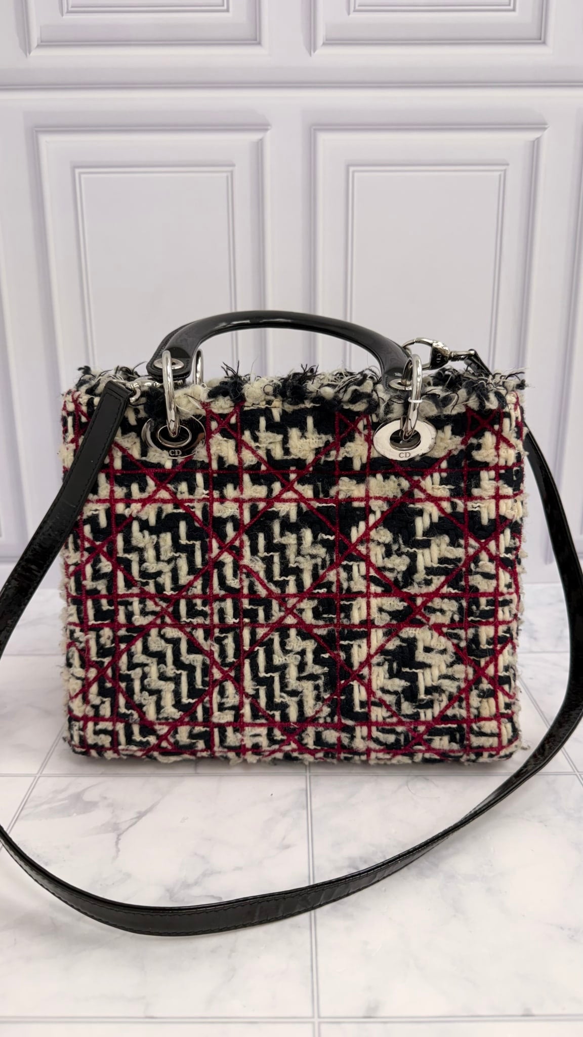 Christian Dior Multicolor Tweed Cannage Fringe Lady Dior Medium 2-Way Handbag