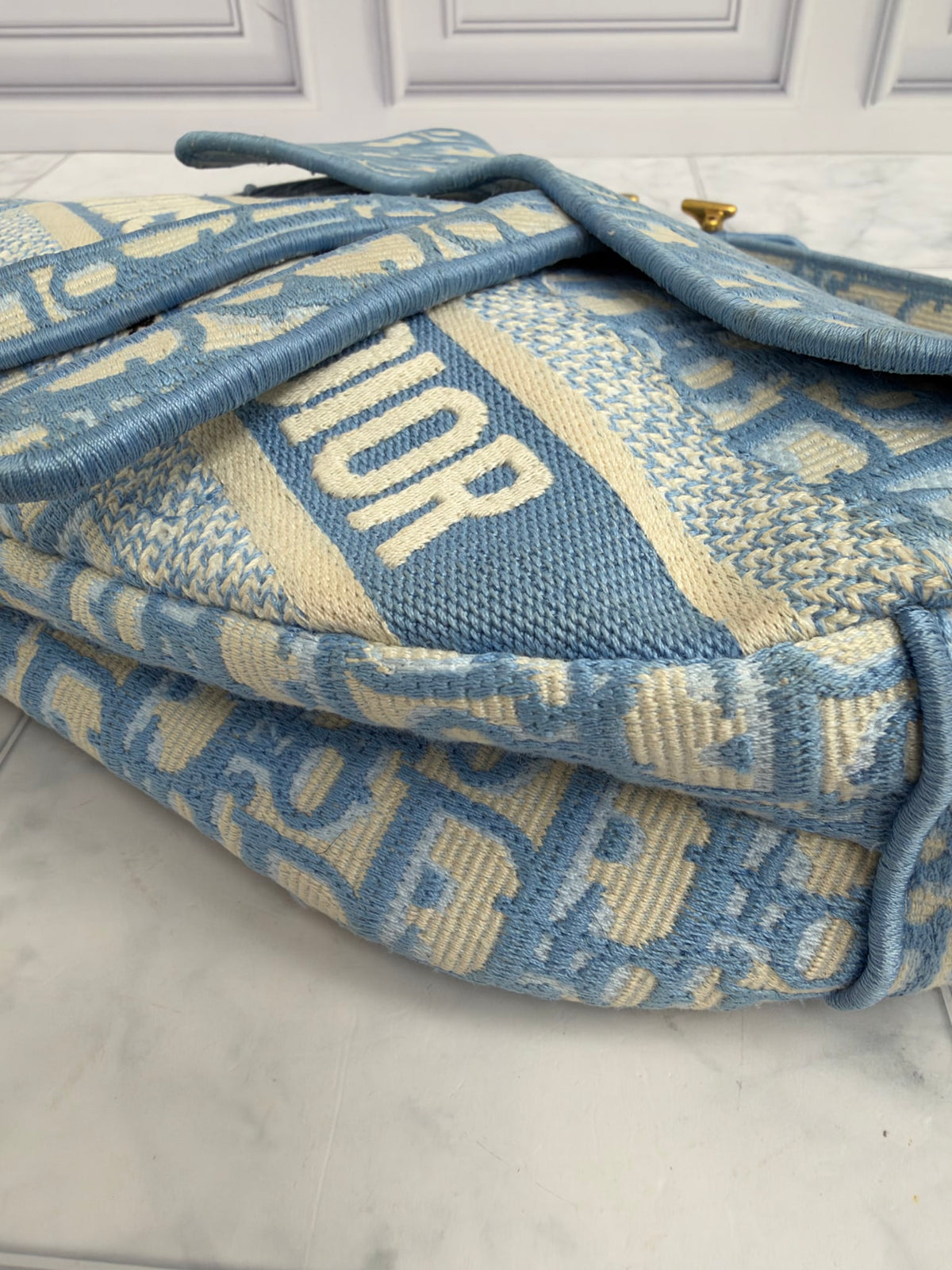 Christian Dior Baby Blue Oblique Embroidered Canvas Medium Saddle Bag