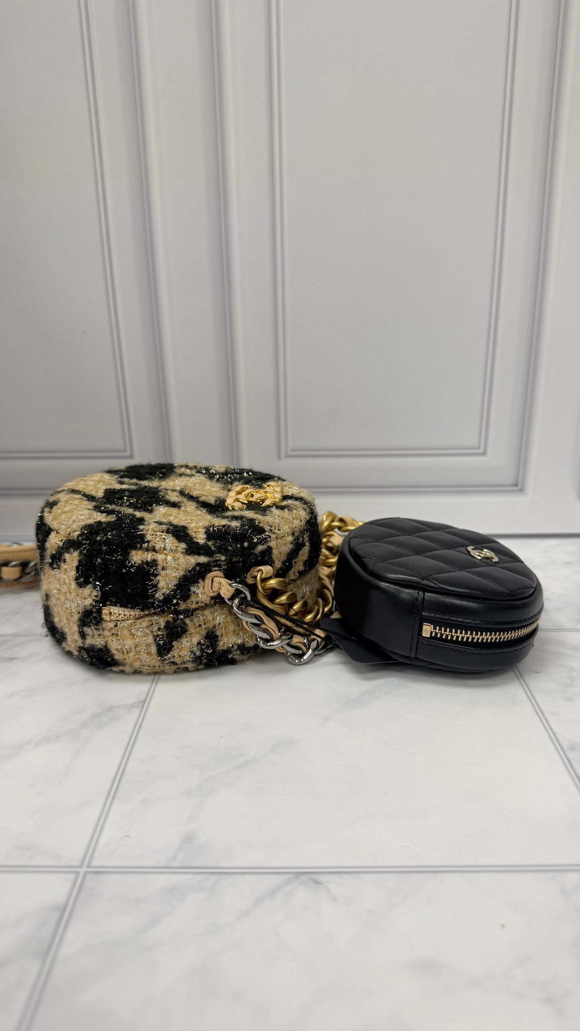 Chanel Beige And Black Quilted Wool Round Chanel 19 And Coin Pouch Chain Crossbody 