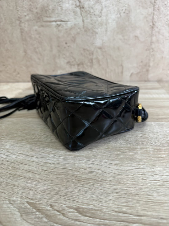 Chanel Black Quilted Patent Leather Tassel Camera Bag