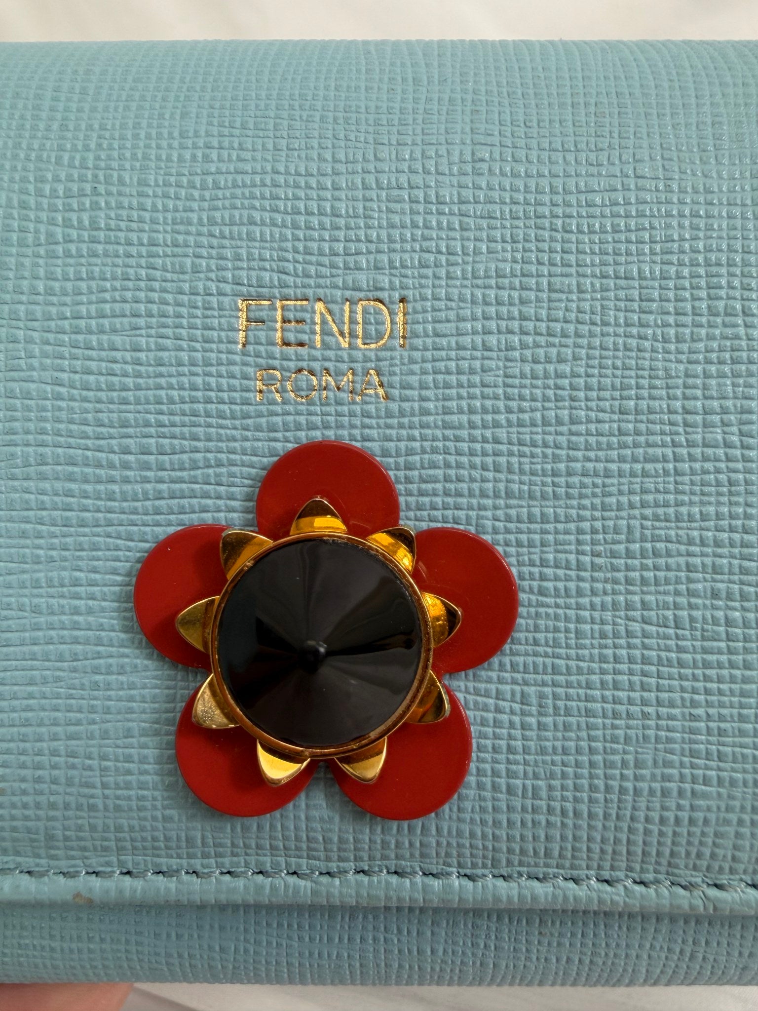 Fendi Light Blue Leather Flower Continental Wallet
