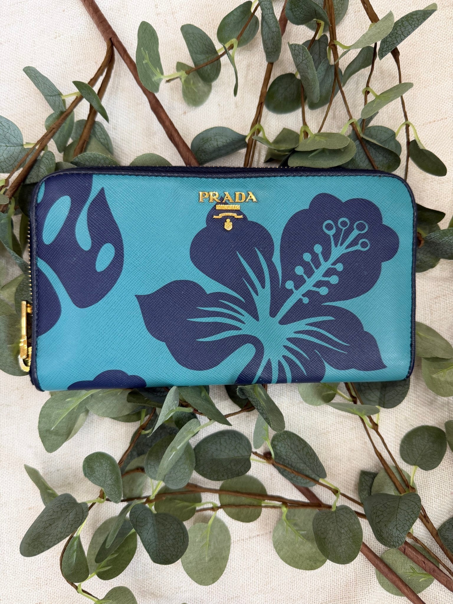 Prada Blue Saffiano Leather Floral Print Zippy Wallet