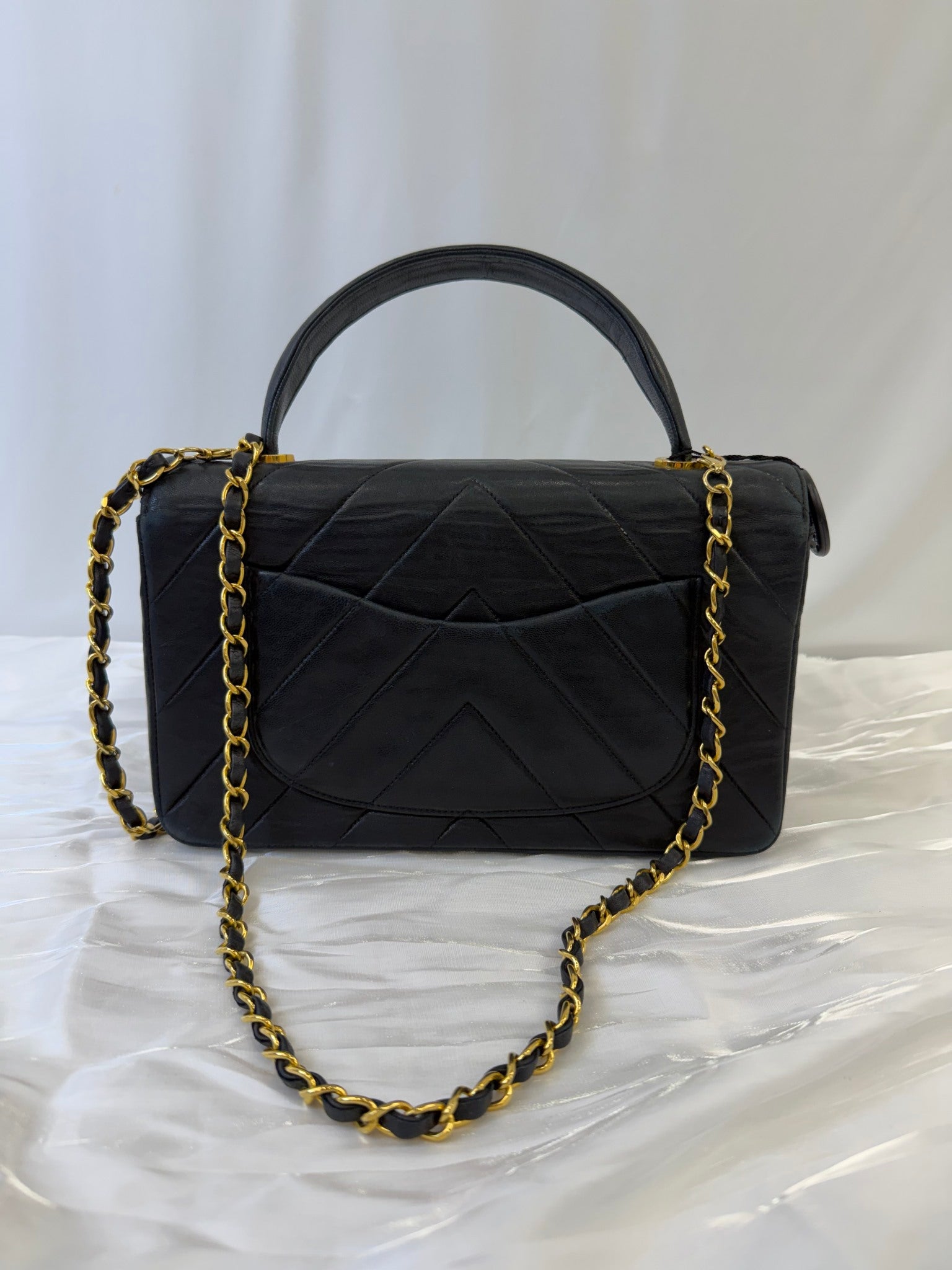 Chanel Black Lambskin Chevron Top Handle Bag