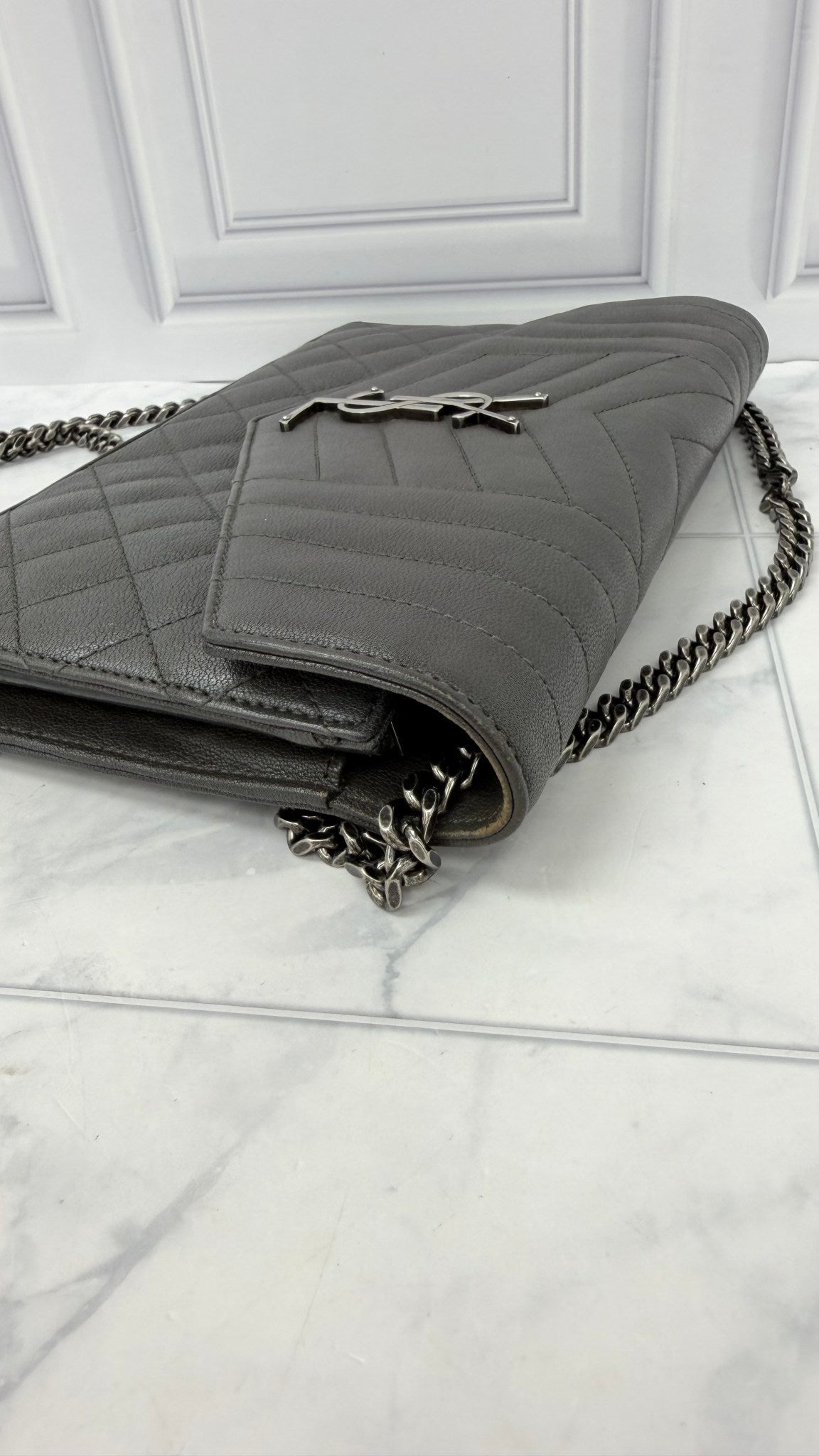 Saint Laurent YSL Grey Grained Leather Envelope Wallet On A Chain 