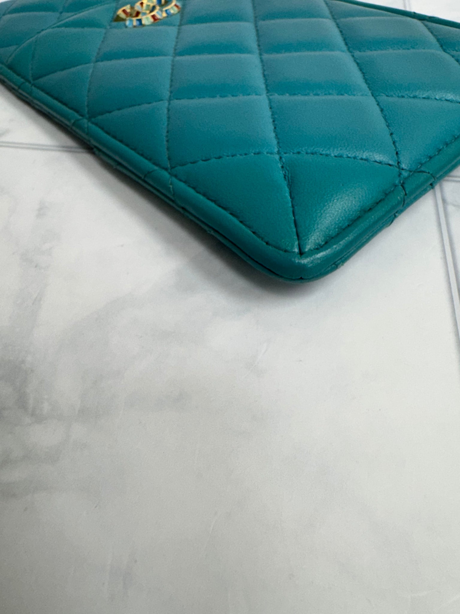 Chanel Teal Quilted Leather Phone Holder