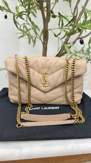 Saint Laurent YSL Beige Leather Small Lou Lou Puffer Chain Bag