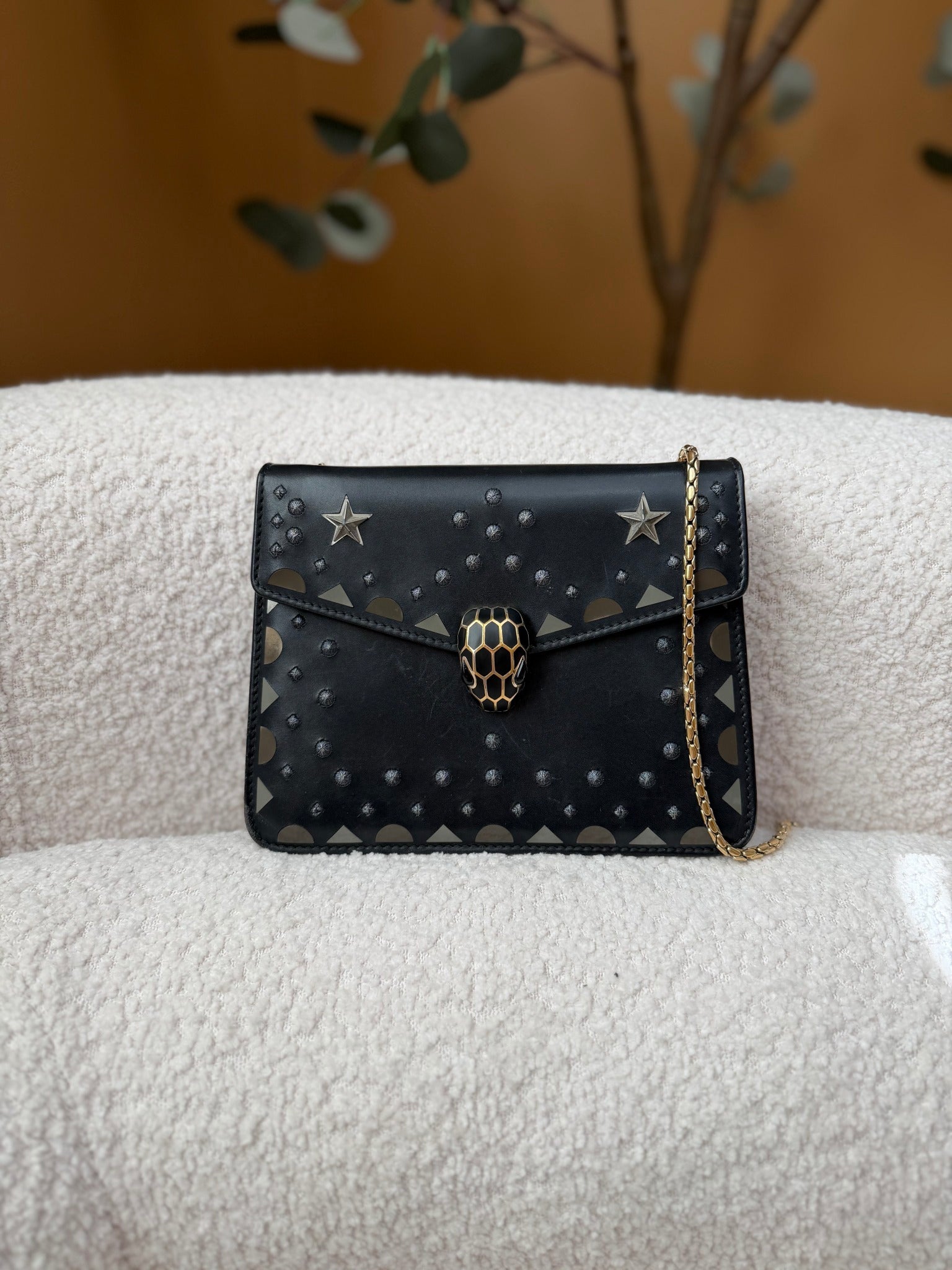 Bvlgari Black Leather  serpenti Star Studded Small Crossbody