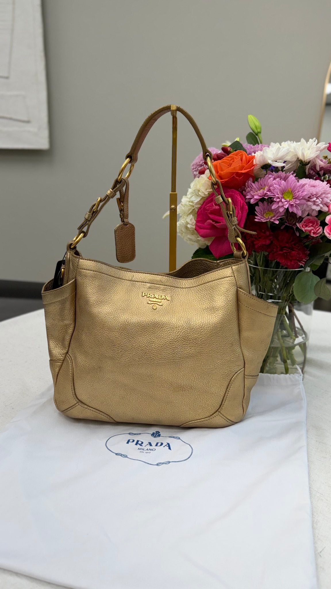 Prada Gold Leather Vitello Daino Leather Hobo Bag