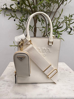 Prada Off White Saffiano Leather Mini Tote Bag