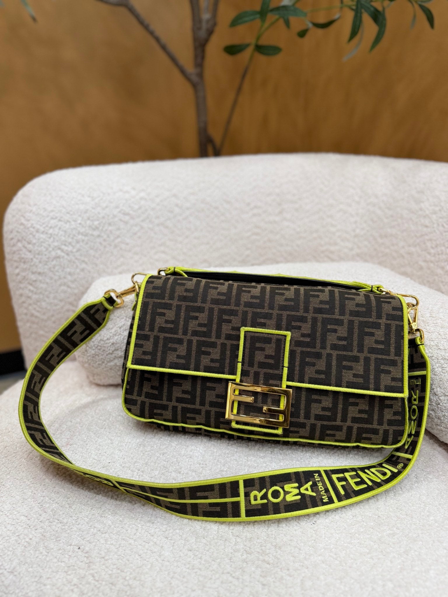 Fendi Brown & Green Zucca Large Baguette 2Way Bag