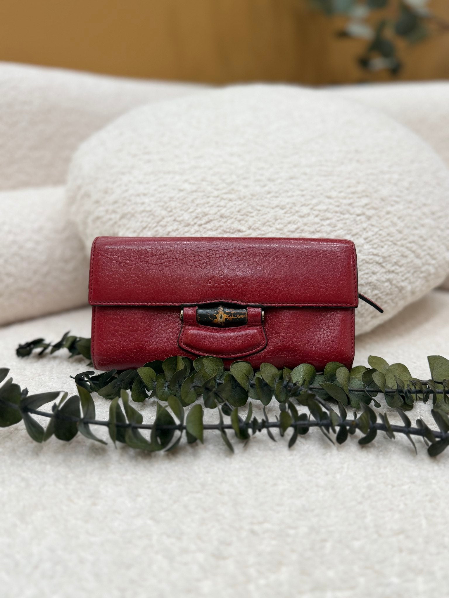 Gucci Red Leather Bamboo Wallet on a Chain