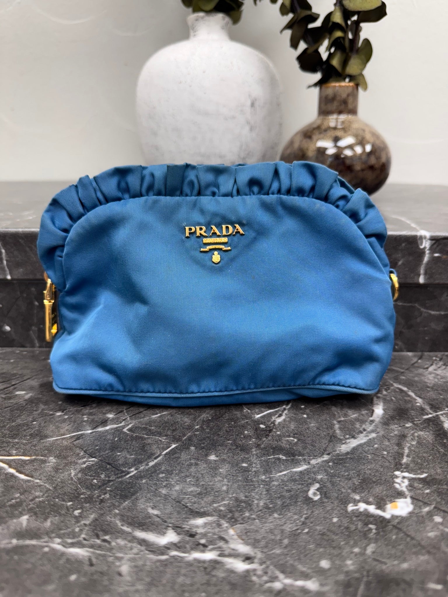 Prada Blue Tessuto Nylon Ruffled Small Pouch