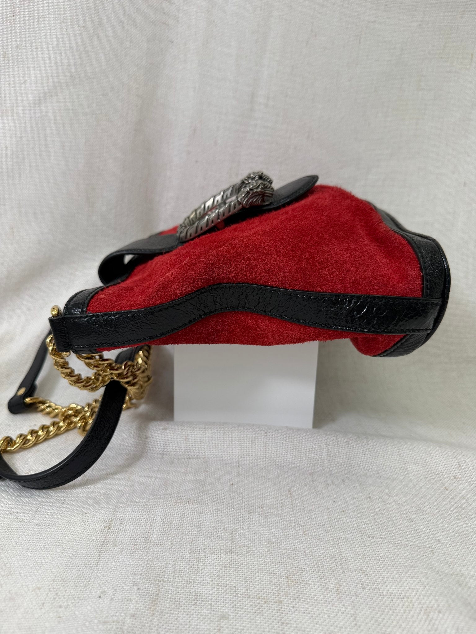 Gucci Red Suede Black Leather Medium Dionysus Bucket Bag