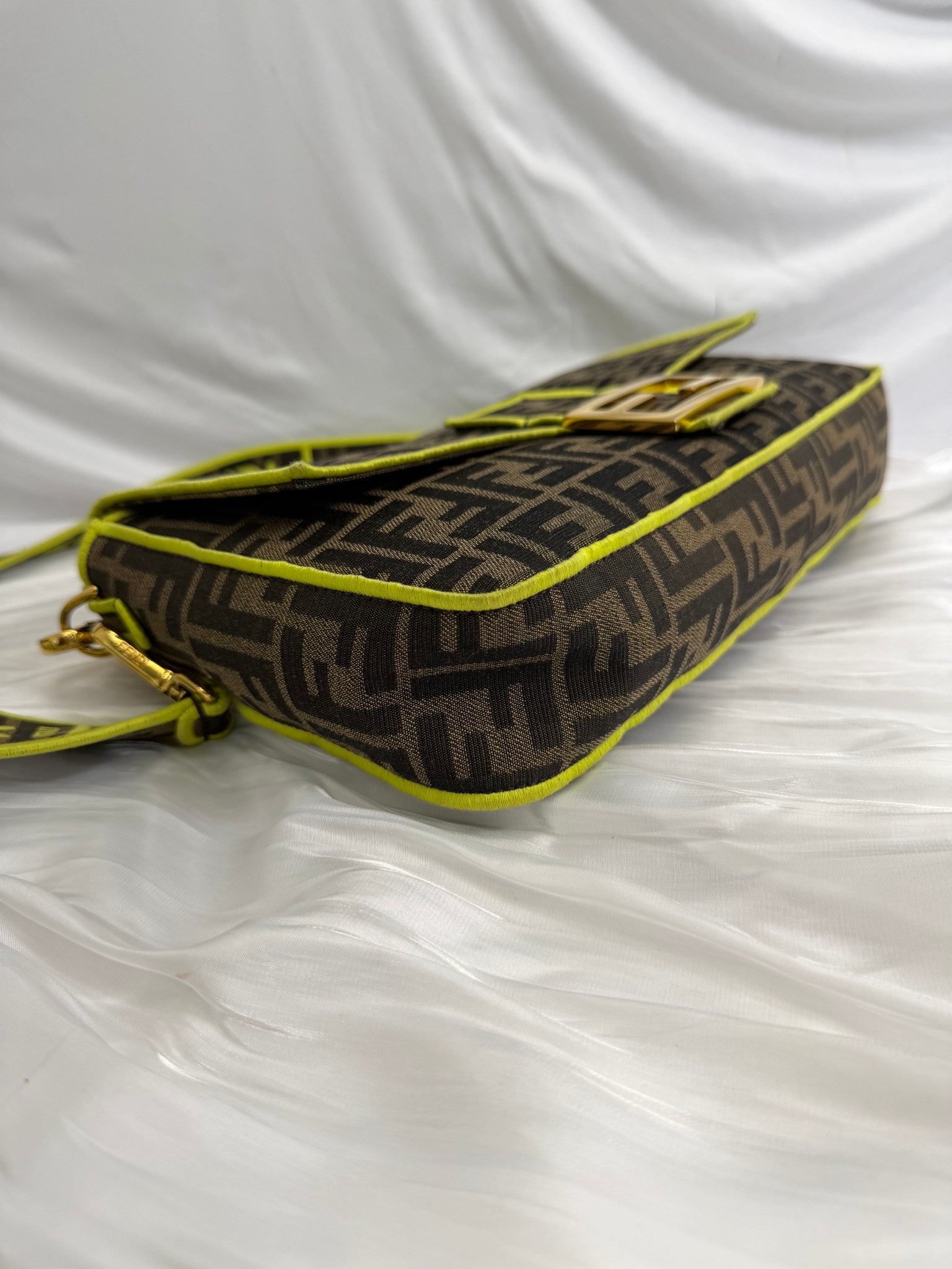 Fendi Brown & Green Zucca Large Baguette 2Way Bag