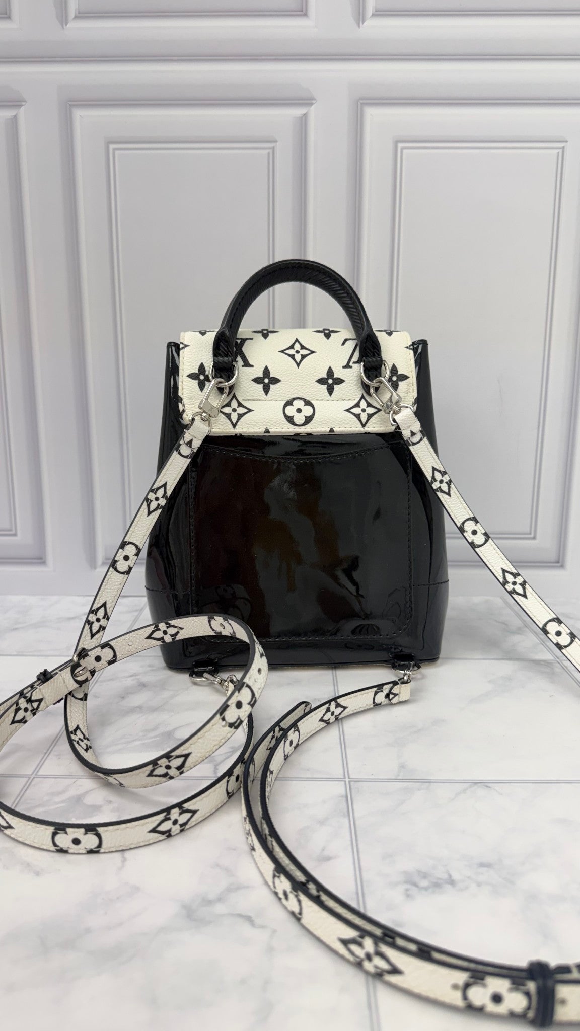 Louis Vuitton Black And White Patent Leather Monogram Hot Springs Mini Backpack