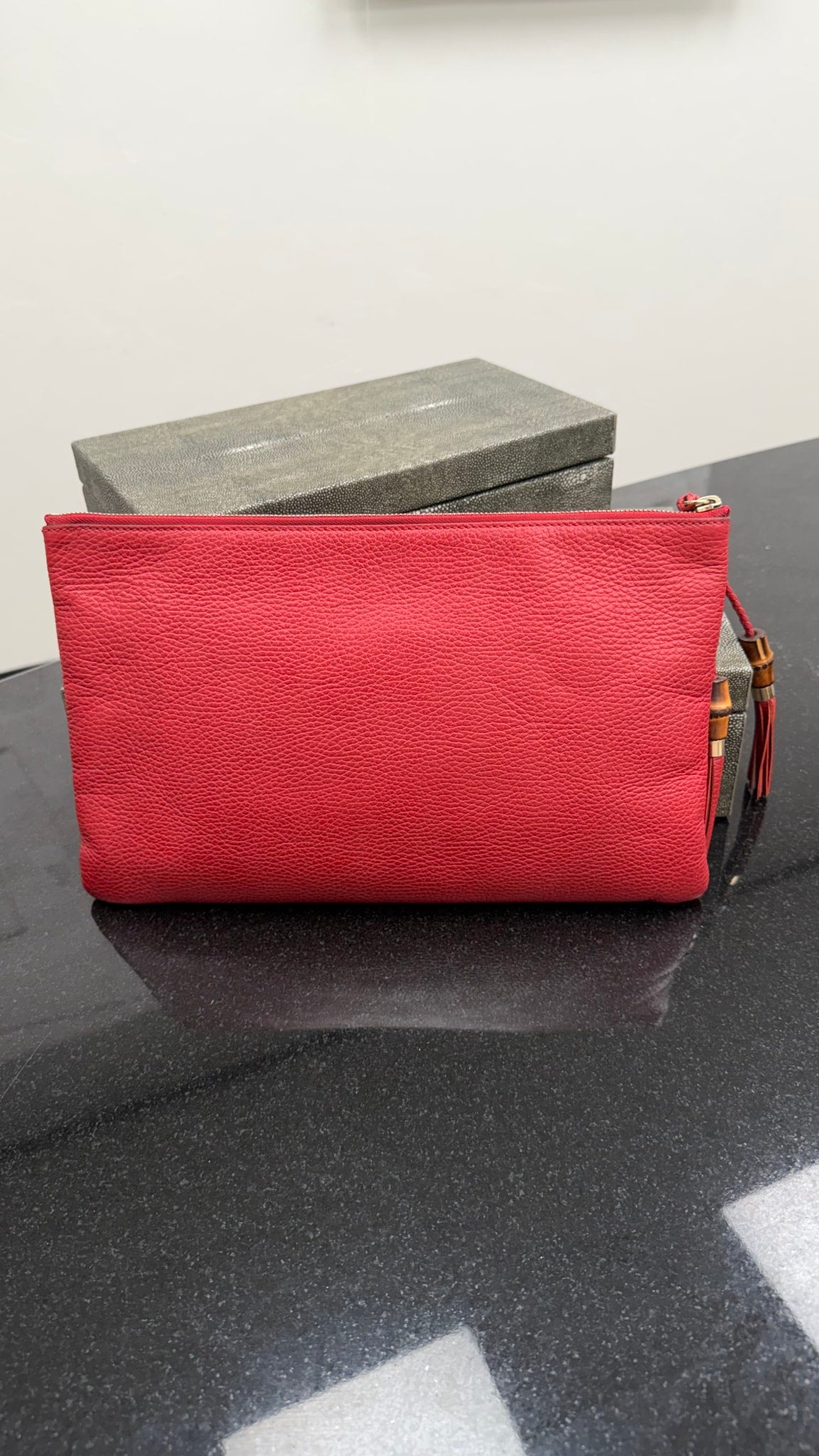 Gucci Red Pebbled Leather Bamboo Tassel Pouch