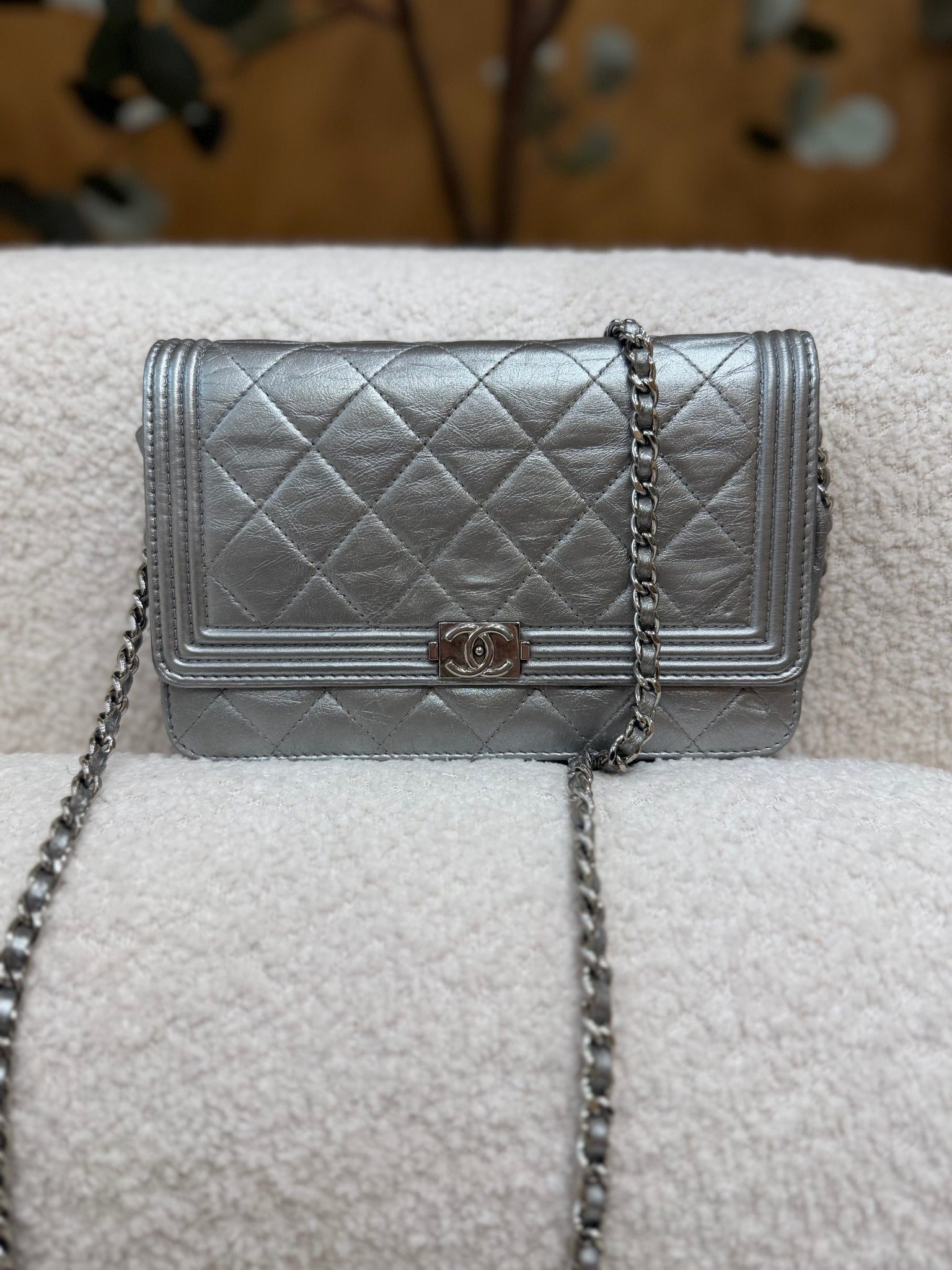 Chanel Silver Quilted Calfskin Boy Wallet on a Chain
