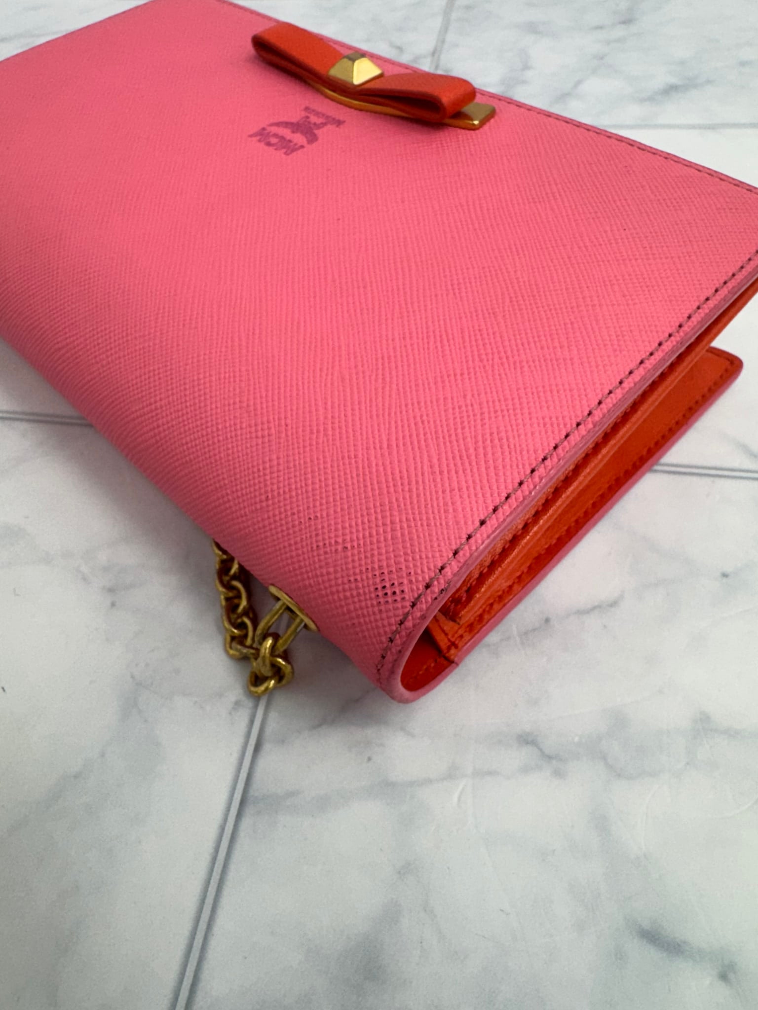 MCM Pink Saffiano Leather Wallet On A Chain