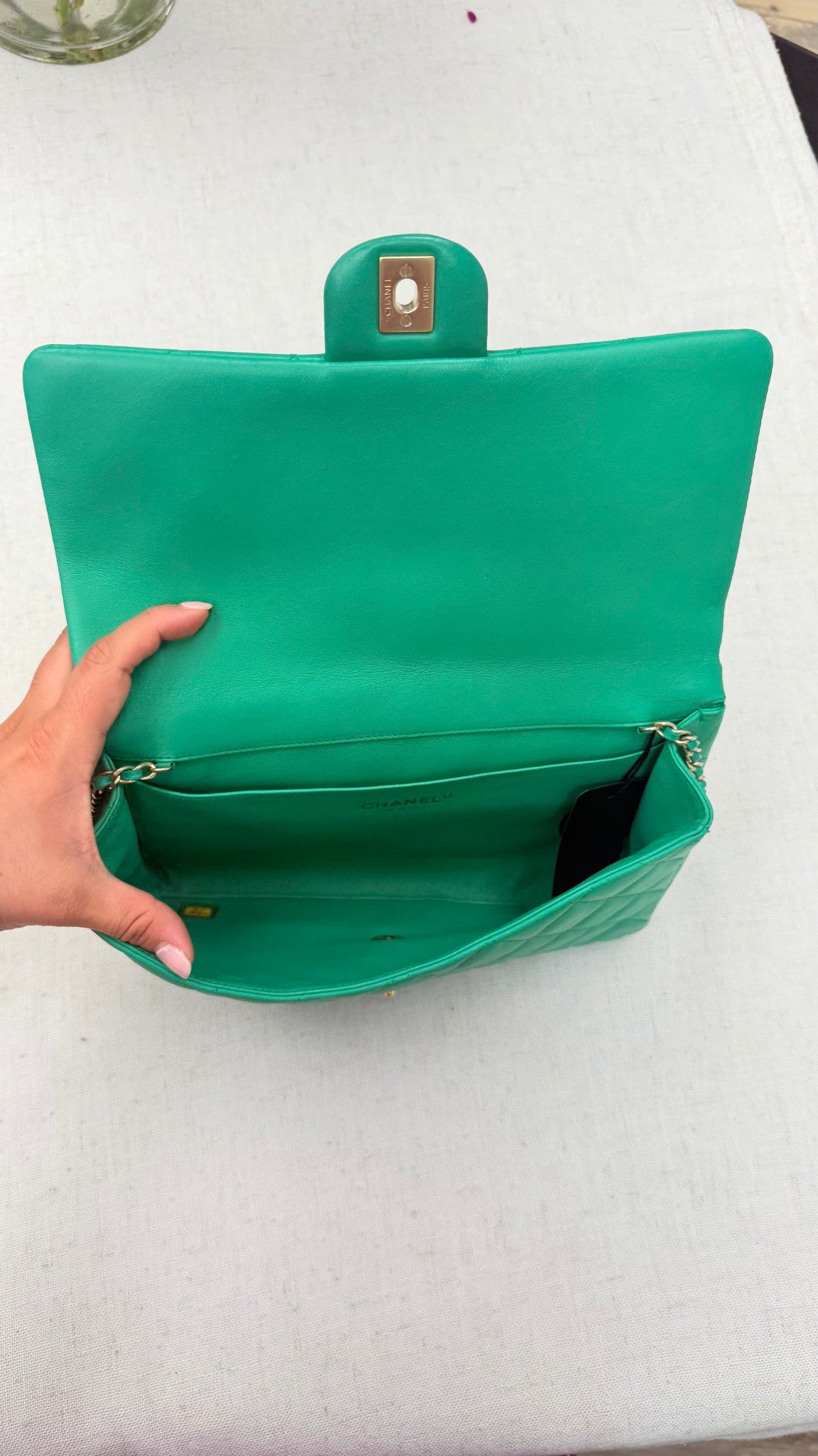 LIKE NEW - Chanel Green Quilted Lambskin Leather Flap Bag 