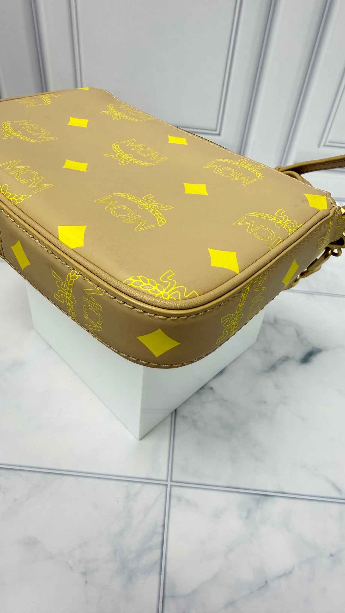 MCM Beige Leather Chain Crossbody Bag