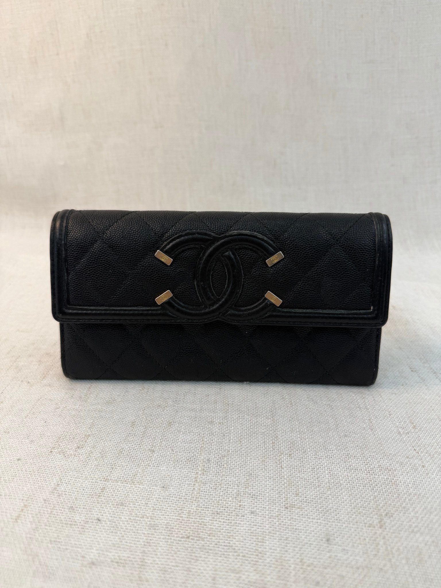 Chanel Black Caviar Leather CC Filigree Long Flap Wallet