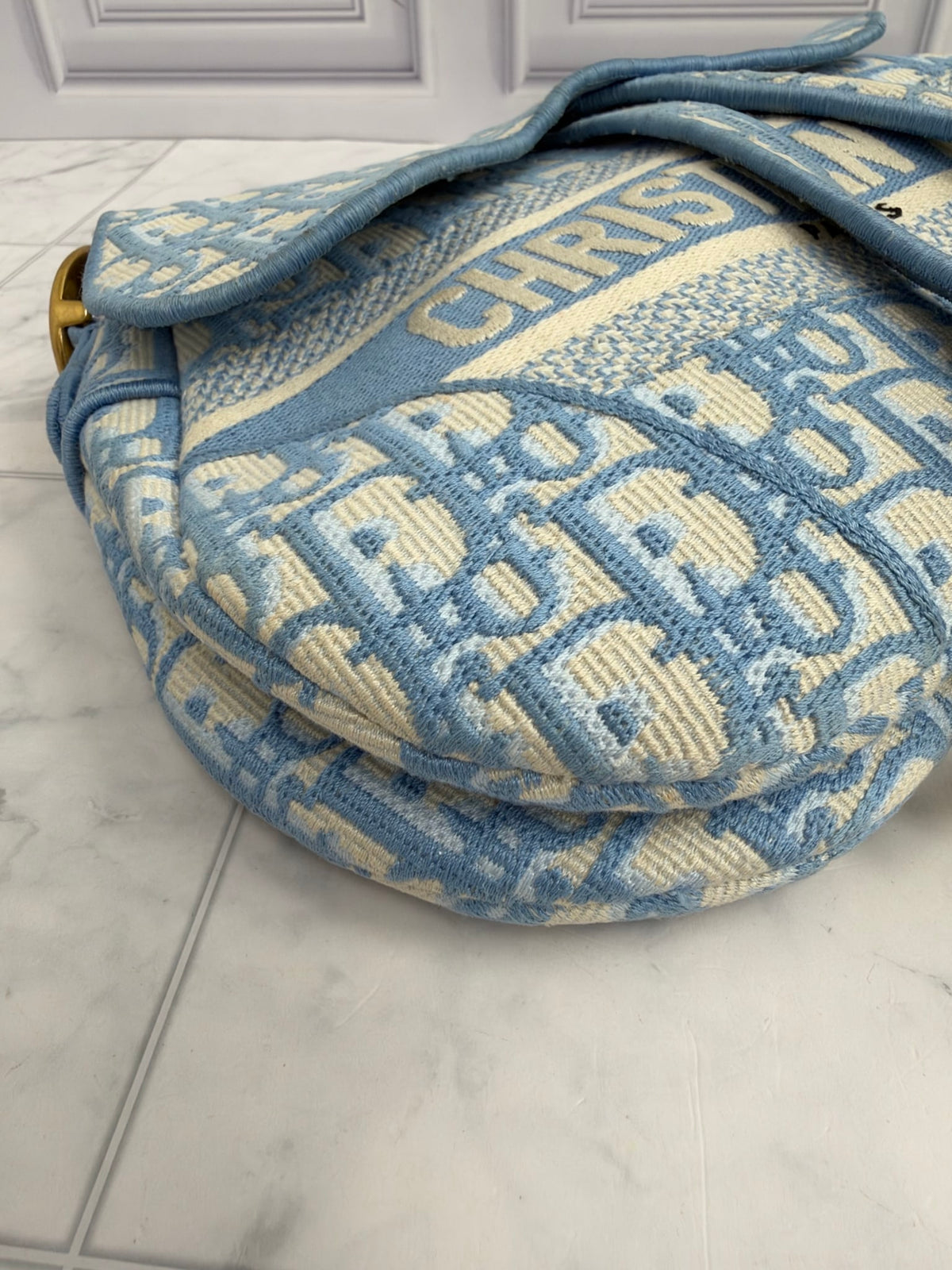 Christian Dior Baby Blue Oblique Embroidered Canvas Medium Saddle Bag