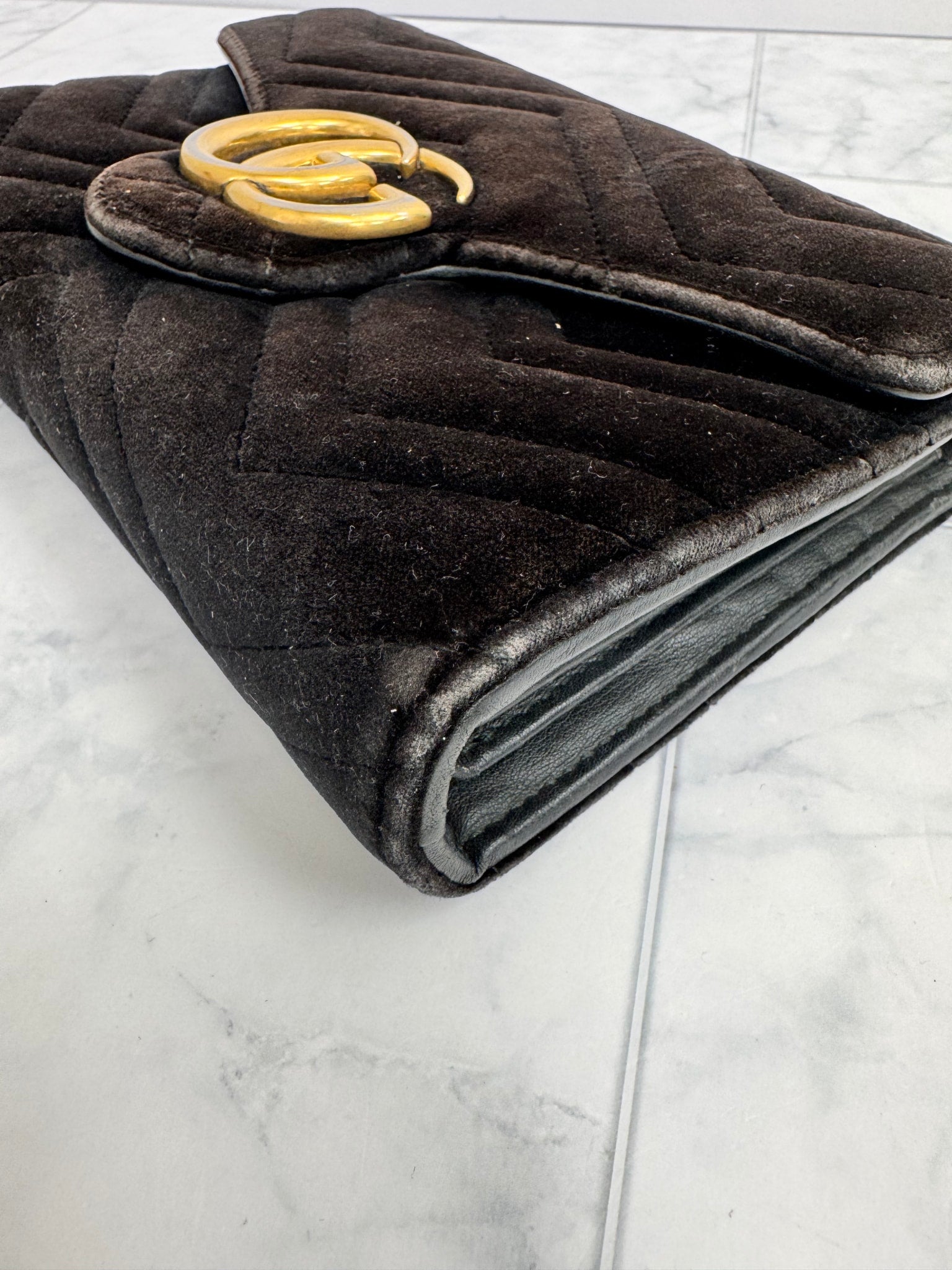 Gucci Black Chevron Quilted Velvet GG Marmont Crossbody Bag